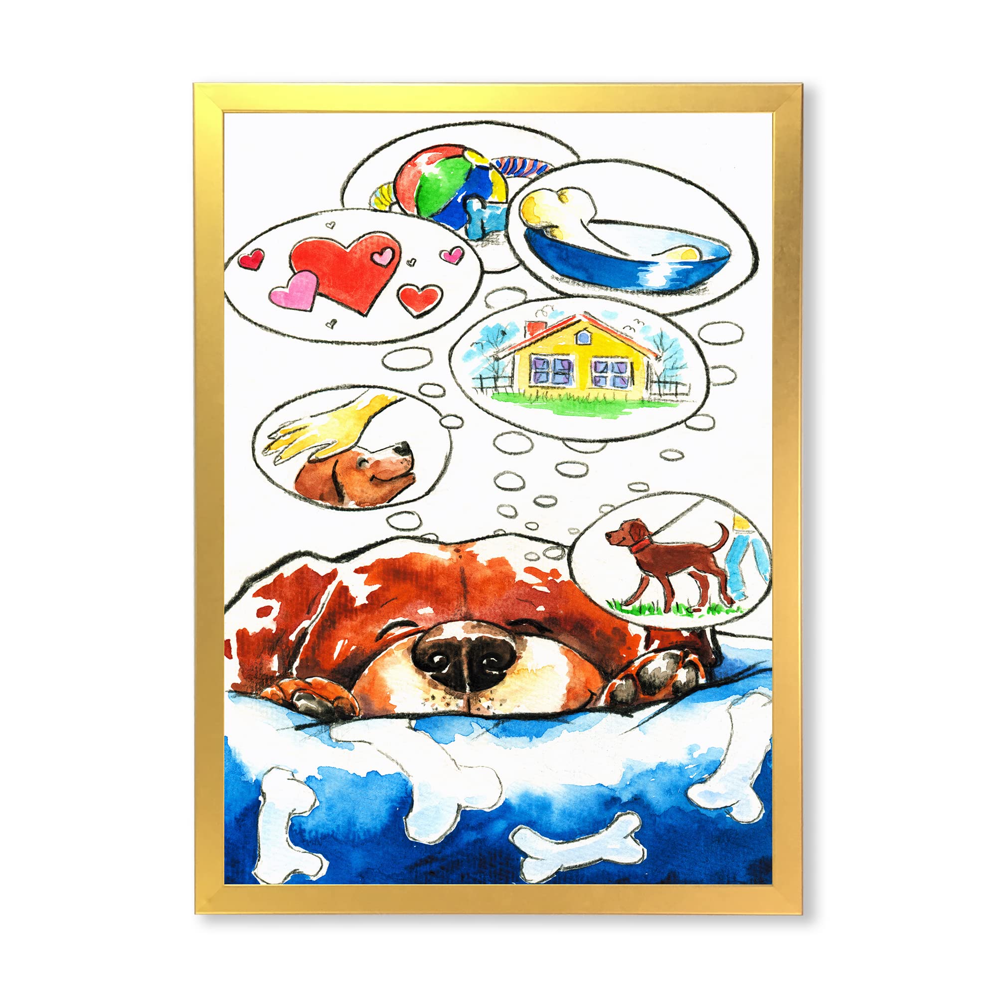 Dog Dreams Children's Art - Framed Wall Decor for Kids Room, Nursery & Playroom - Cute Animal Painting for Bedroom & Classroom