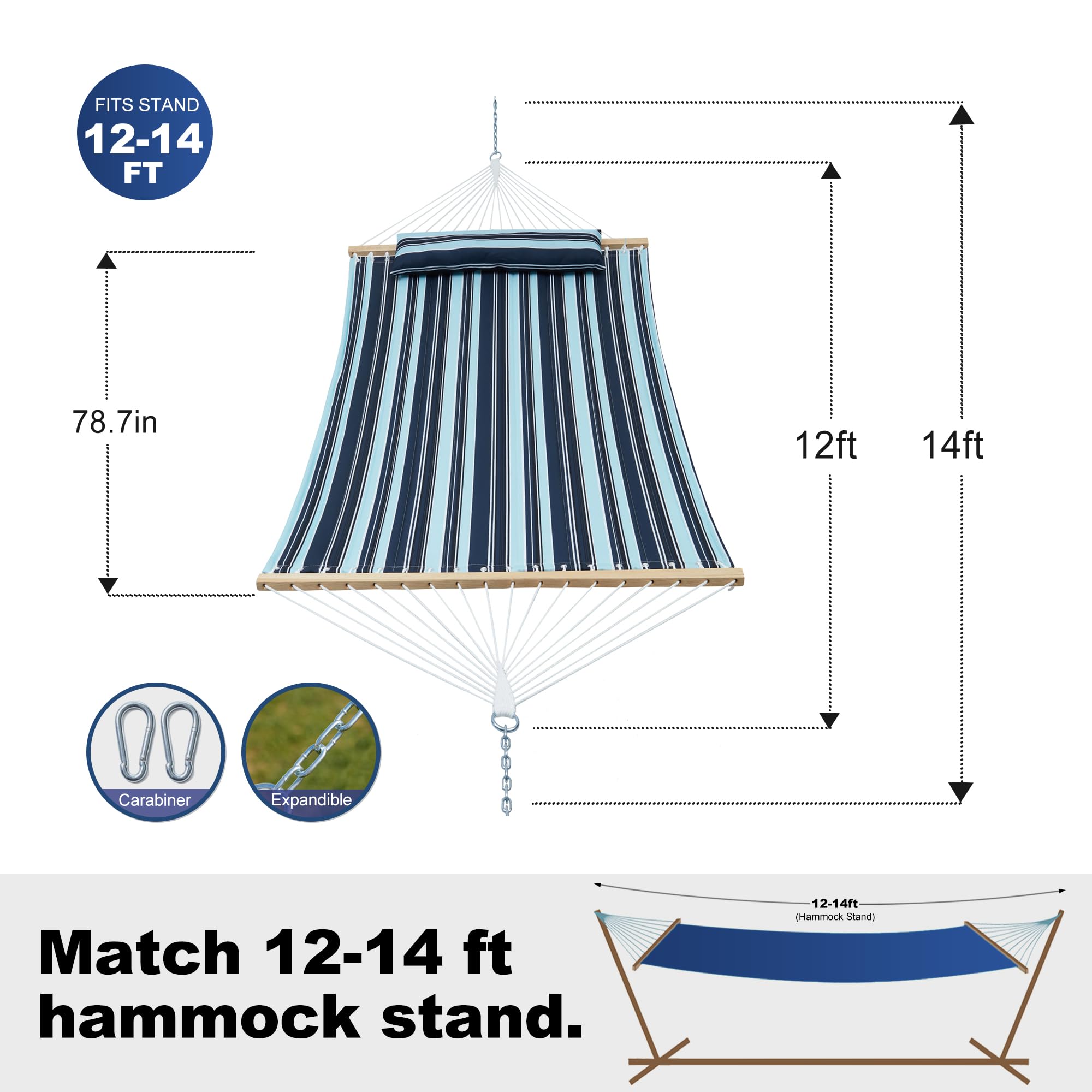 Double Quilted Fabric Hammock with Spreader Bar - 14ft Outdoor Hammock for 2 Persons, Fits 12-14ft Stands, Includes Removable Pillow & Storage Bag, Heavy Duty Carabiners Supports 475lbs (Misty Beach) - Perfect for Backyard Relaxation, Camping Trips & Beach Lounging