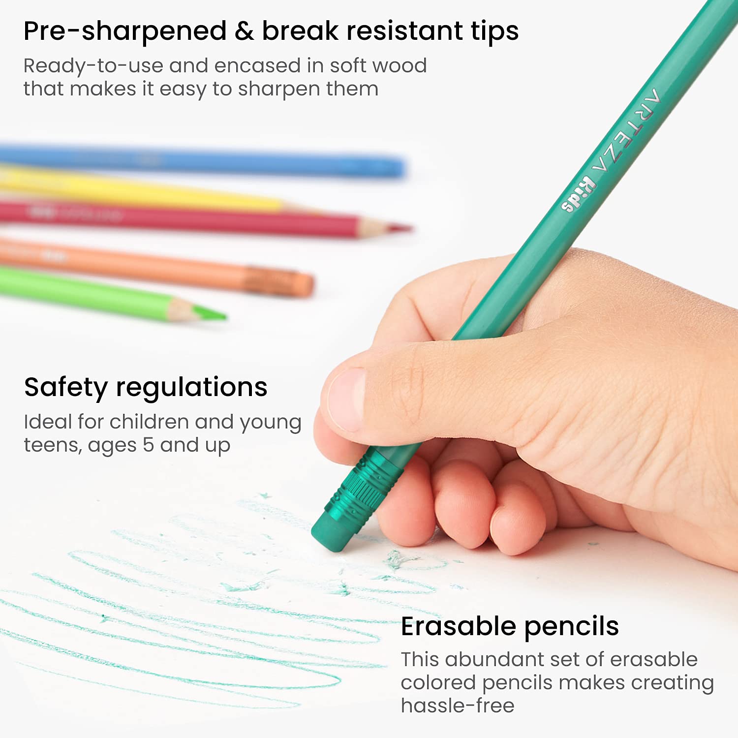 Arteza 48-Count Kids Erasable Colored Pencils - Triangular Art Supplies for School & Home Drawing