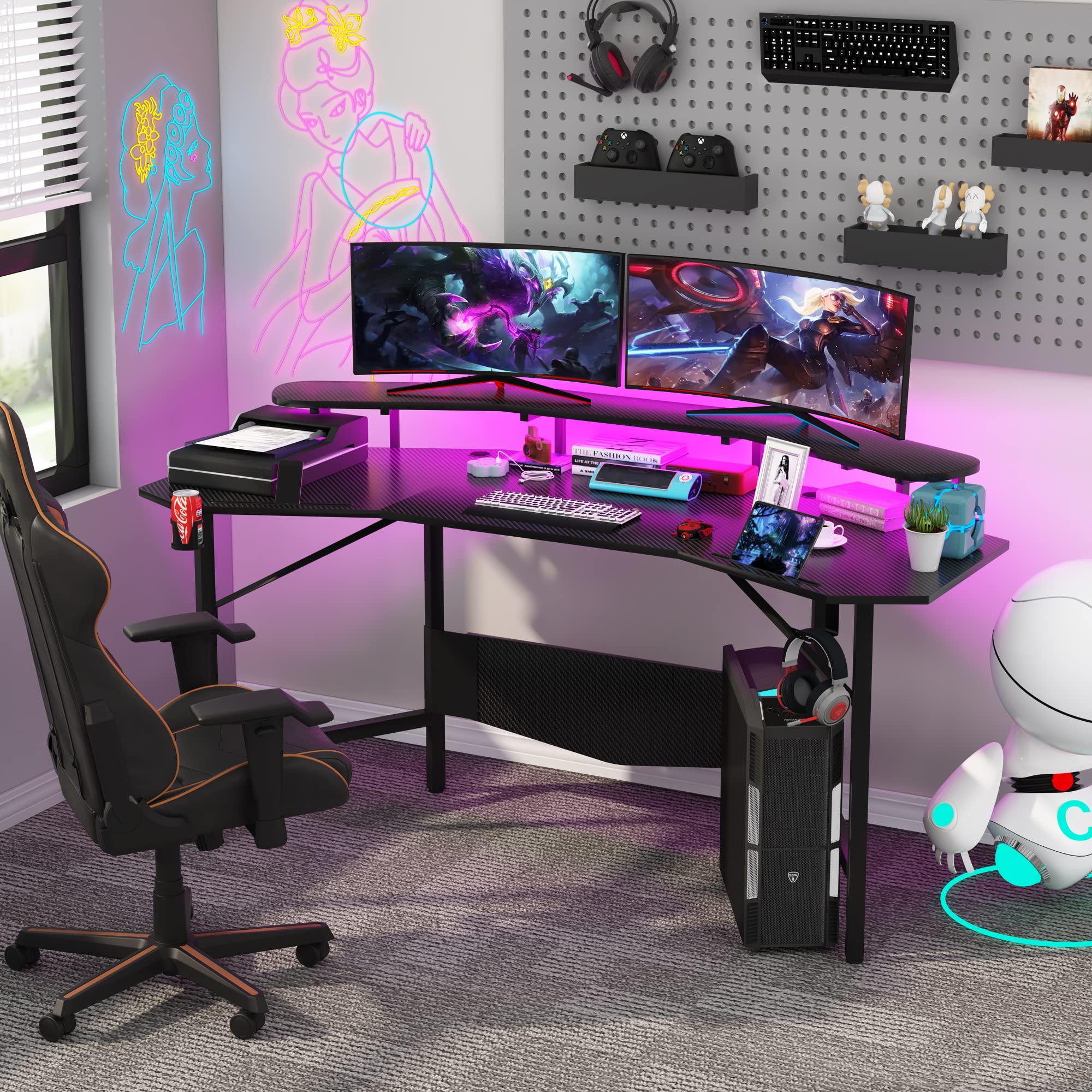 JoliJour 180 x 60 cm Ergonomic LED Gaming Desk with Cup Holder & Headphone Hook - Black Wing-Shaped Design with 2 Cable Management Grooves - Perfect for PC Gaming Setup, Streaming & Home Office Workspace