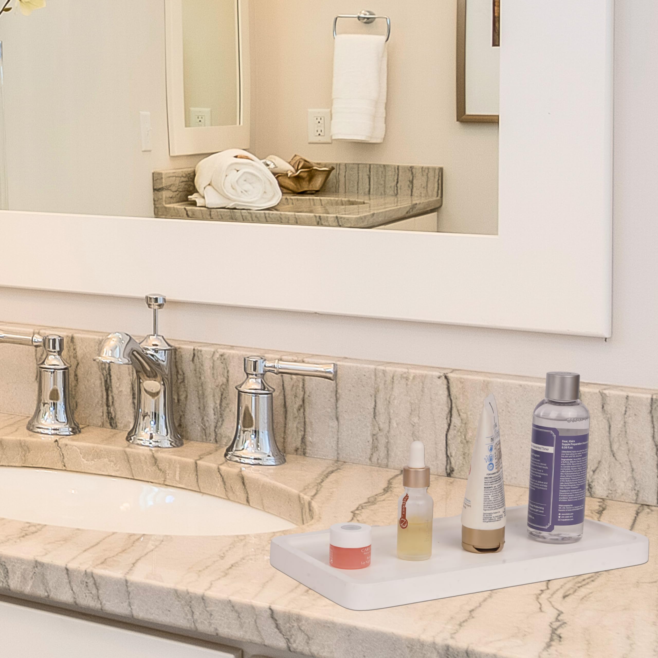 KOLWON Bathroom Vanity Tray - Elegant Acacia Wood Organizer for Cosmetics, Jewelry & Perfume | 11.8 x 5.9 Inch Countertop Tray for Bathroom, Kitchen, Dresser & Toilet Tank | Perfect for Home Decor, Spa Days & Gift Giving (1, White)