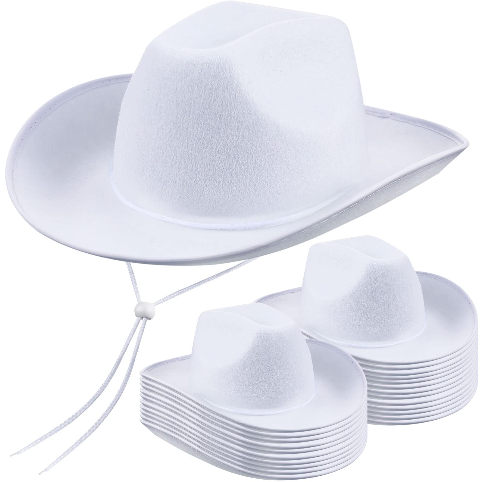 24 Pack Plain White Cowboy Hats Bulk - Adjustable Drawstring Western Hats for Weddings, Bachelorette Parties, Stage Performances & Country Themed Decorations
