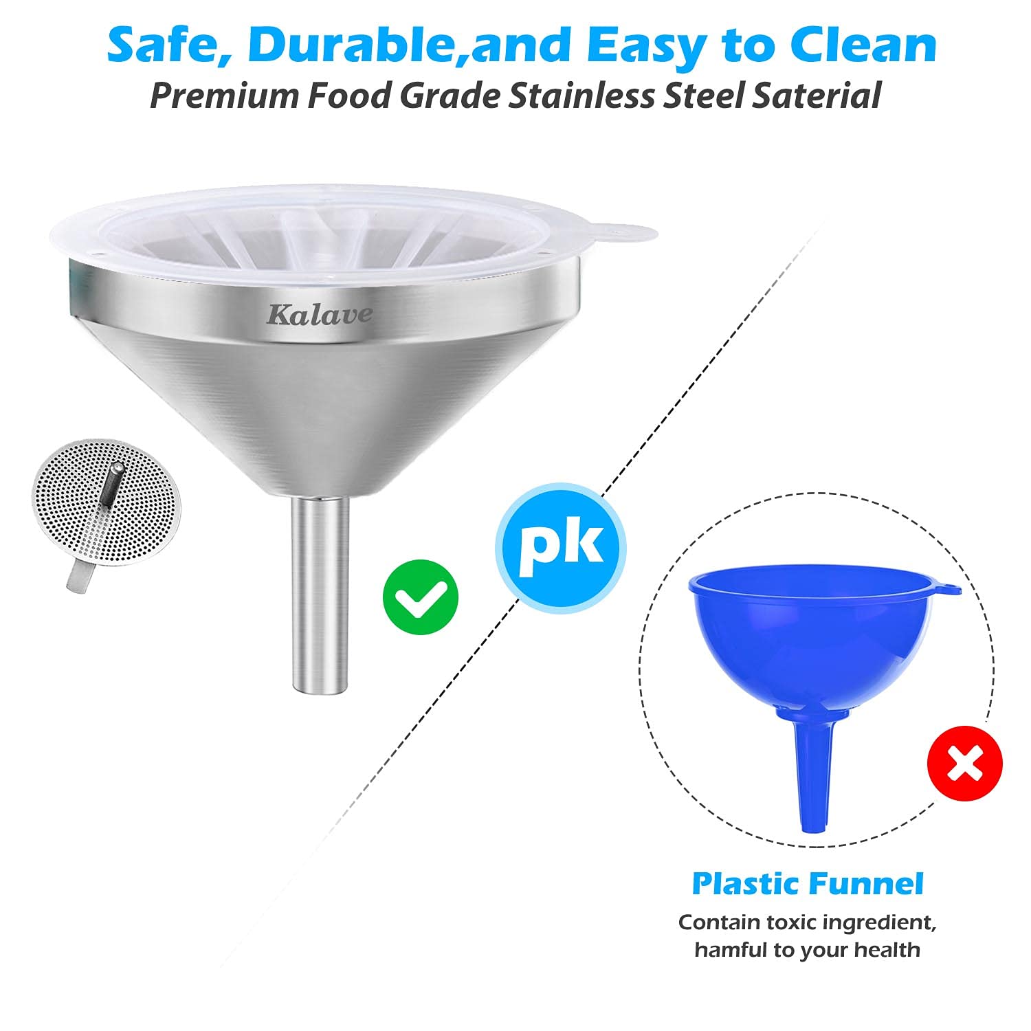 Premium 5 Inch Stainless Steel Kitchen Funnel with 200 Mesh Filter - Food Grade Metal Funnel for Bottles, Oils, Juice, Wine, Coffee & Milk - Ideal for Home Brewing, Canning, Cooking & Bartending