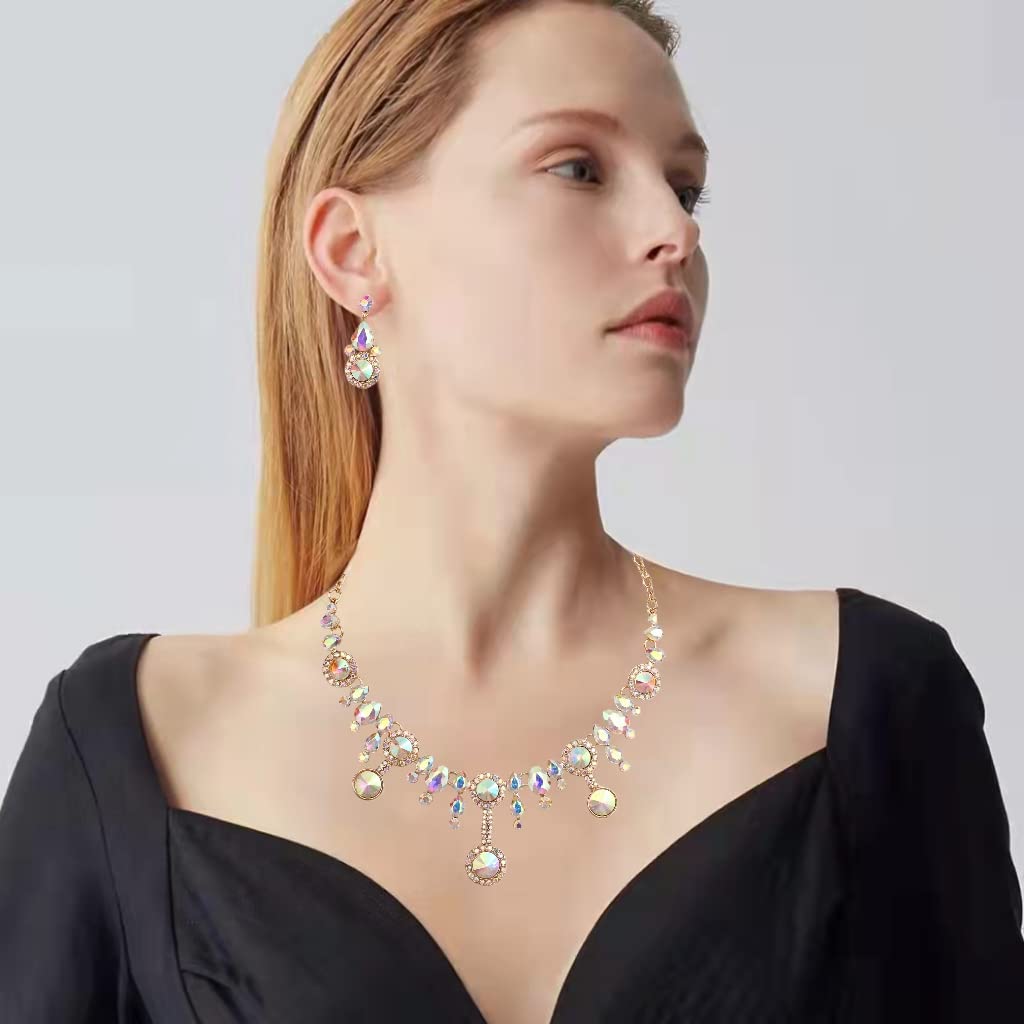 Elegant Rhinestone Crystal Teardrop Necklace and Dangle Earrings Set for Women | Fashion Statement Jewelry Gift | Perfect for Parties, Weddings & Special Occasions