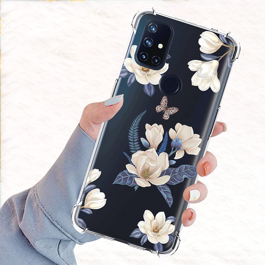 OnePlus Nord N10 5G Case - Slim Clear Shockproof TPU Rubber Protective Cover with Floral Design for Women | Perfect for Everyday Use, Work & Travel (White Flower)