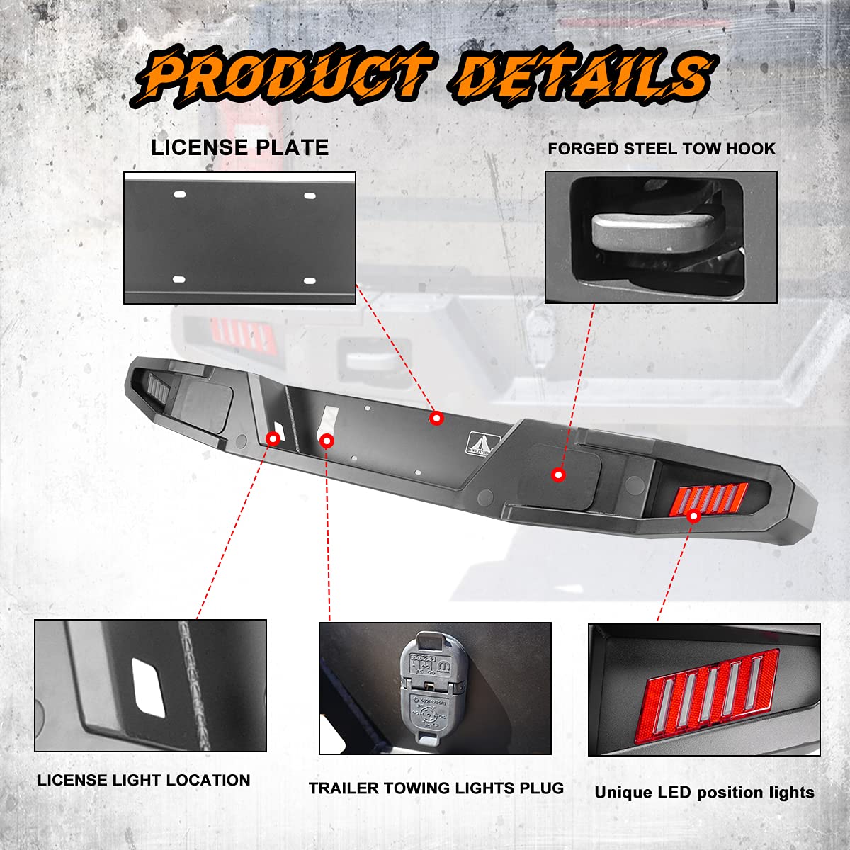 WOLFSTORM Full Width Rock Crawler Rear Bumper with 2 LED Lights & Hitch Receiver - Compatible with 2019-2021 Jeep Gladiator JT | Off-Road Adventure & Truck Protection