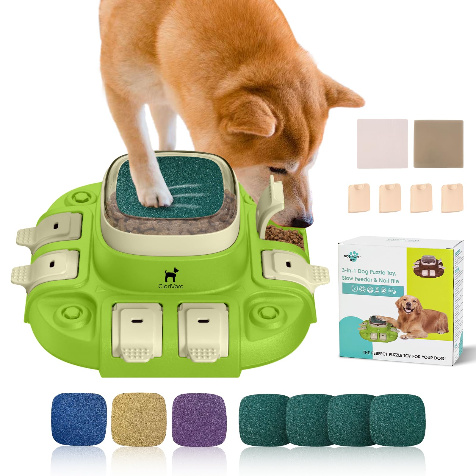 Interactive Dog Toys for Mental Stimulation - Slow Feeder Dog Bowls, Puzzle Toys & Nail File - Customizable Food Dispensing Enrichment Toys to Keep Puppies Busy (Green) - Perfect for Training, Boredom Relief & Mealtime Fun