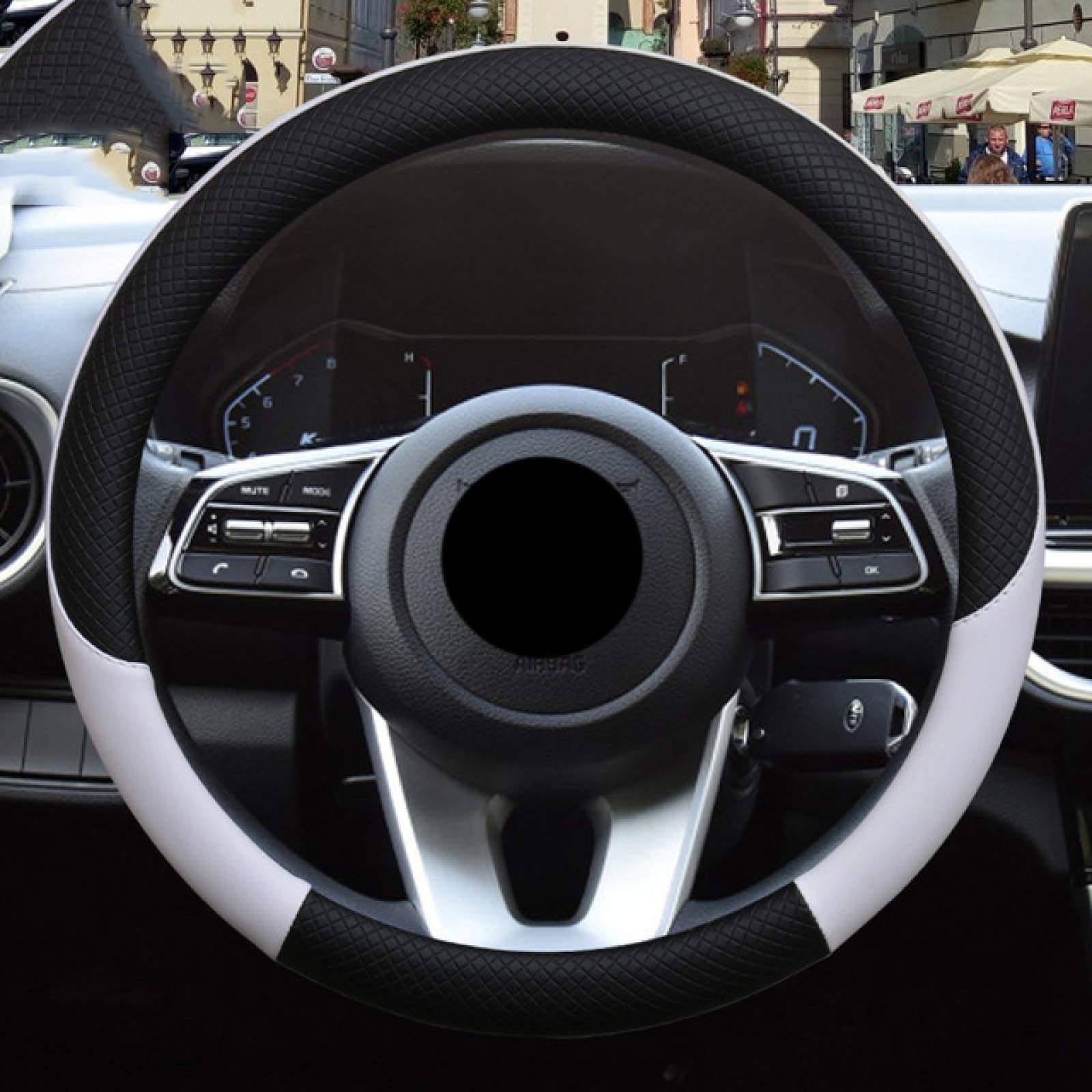 Premium Leather Sport Steering Wheel Cover for Kia SELTOS SUV (2019-2021) & KX3 - Anti-Slip Grip, Universal Fit Auto Accessories in White - Perfect for Road Trips & Daily Commuting