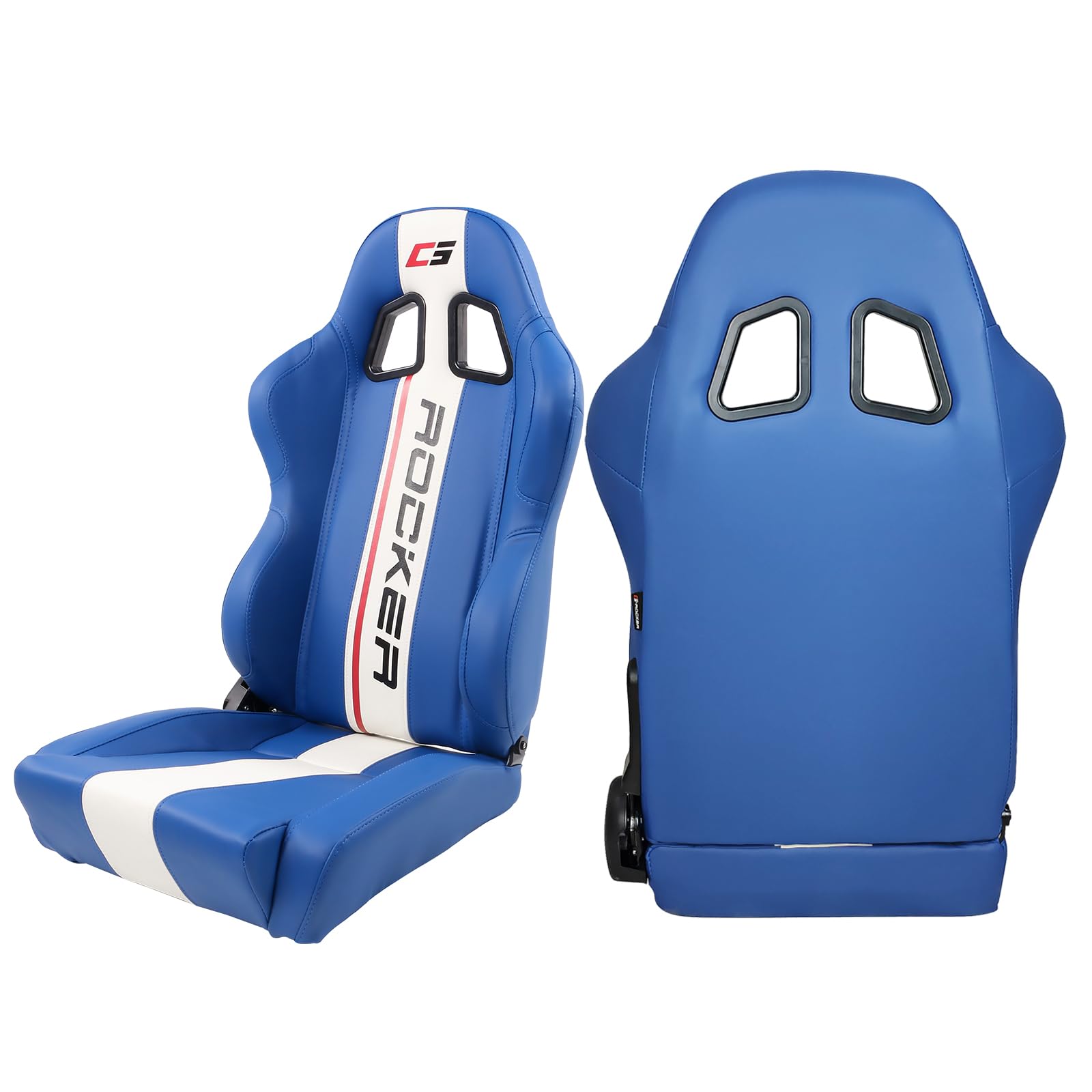 IKON MOTORSPORTS Universal Racing Seats - Reclinable Blue PU Leather Bucket Seats with White Stripe & Dual Sliders (1 Pair, Flat Style) - Perfect for Sports Cars, Drifting & Track Racing