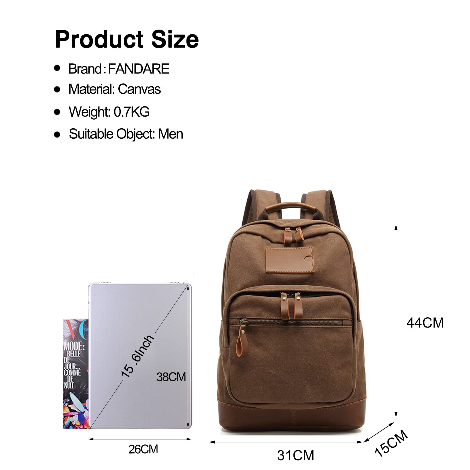FANDARE Canvas Backpack - Durable Hiking Backpack for School, Travel & Outdoor Activities | Multifunctional Daypack for Mountaineering, Trekking, Camping & College | Lightweight Shoulder Bag (Brown) | Perfect for Daily Commute, Adventure Trips & Sports Gear Storage
