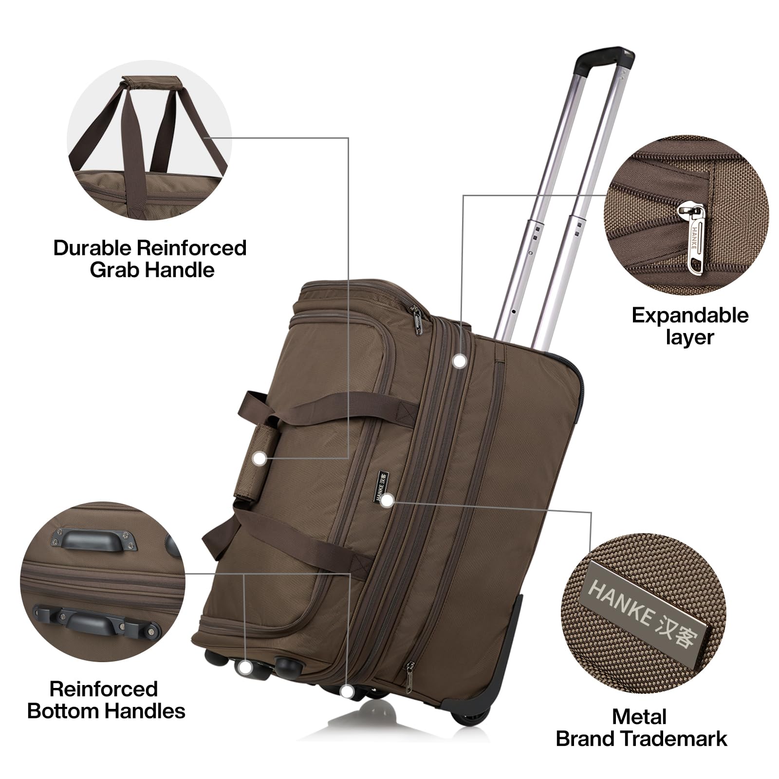 22 Inch Expandable Checked Luggage with Wheels - Foldable Duffle Bag Suitcase for Travel, Weekend Trips | Carry-On & Checked Bag for Women & Men (Coffee Brown) - Perfect for Air Travel, Road Trips & Business Trips