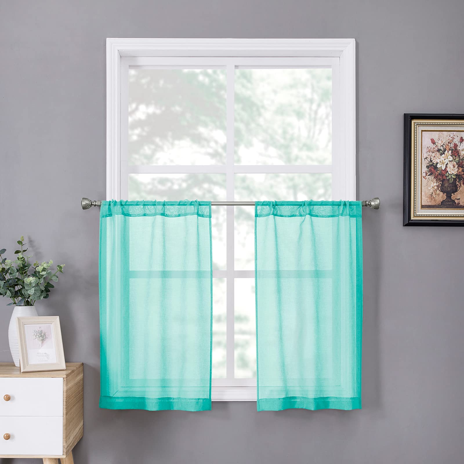 Sheer Tier Curtains for Kitchen & Bathroom - Light Filtering Voile Half Curtains with Rod Pocket, Linen Textured, 25 x 24 Inches, Aqua Blue, Set of 2 Panels - Perfect for Windows, French Doors, and Small Spaces