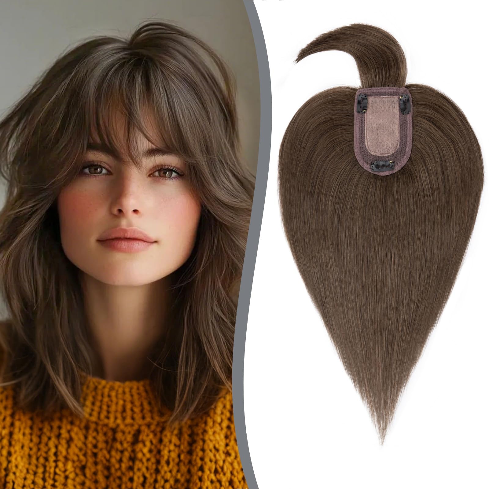 100% Remy Human Hair Toppers for Women with Bangs - 10 Inch Clip-In Hair Topper for Thinning Hair in #2R Chocolate Brown | Natural Looking Hair Replacement for Daily Wear & Special Occasions