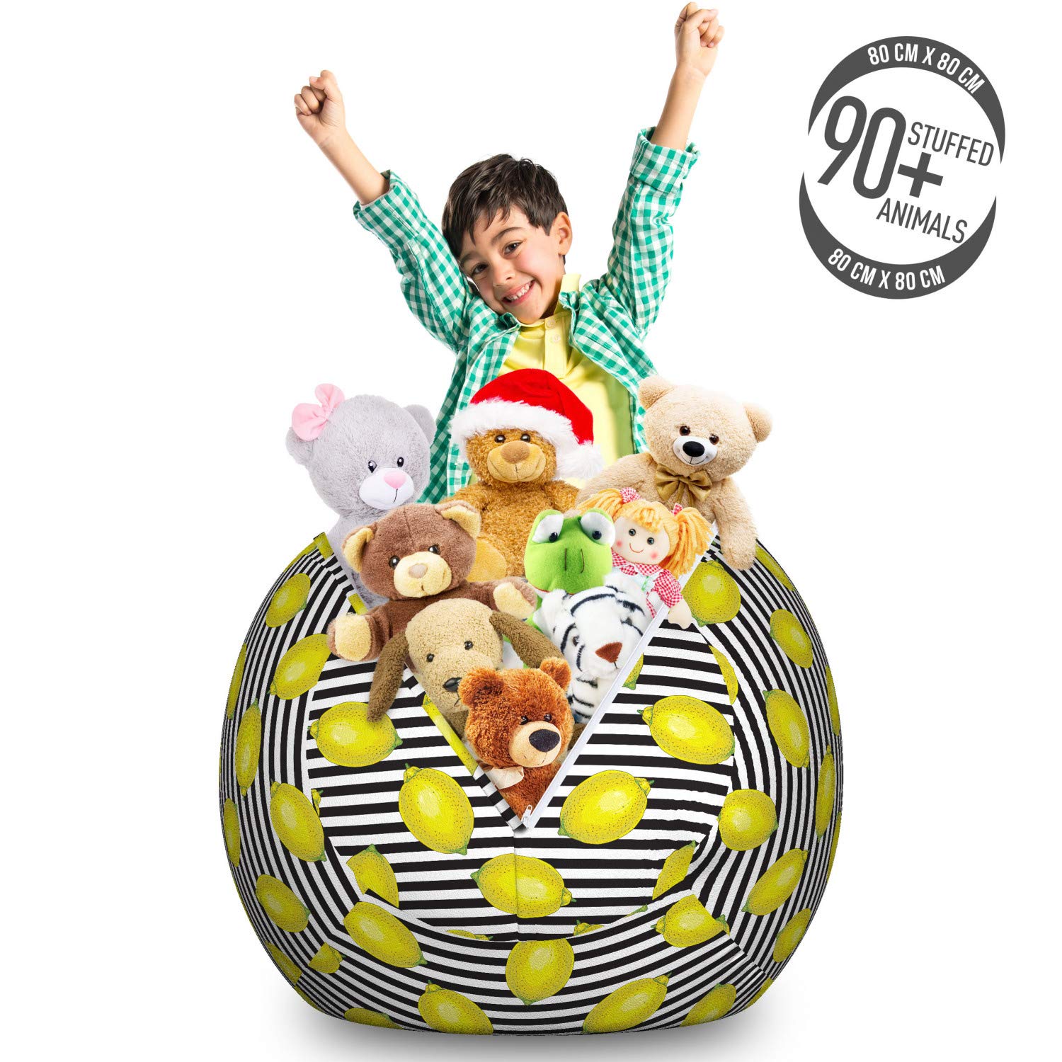 Ambesonne Lemons Toy Storage Bag Chair - Large Washable Stuffed Animal Organizer with Citrus Motif & Striped Design in Apple Green & Charcoal Grey - Perfect for Kids' Room, Playroom, and Nursery Organization