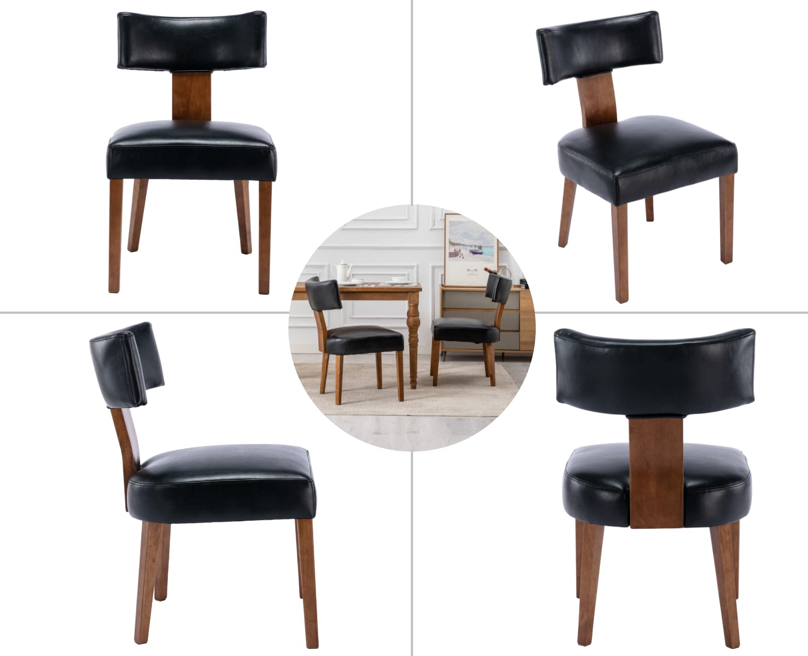 EALSON Mid Century Modern Dining Chairs Set of 2 - Genuine Leather Upholstered Kitchen Chairs with Solid Wood Legs & Curved Back - Farmhouse Style Accent Chairs for Dining Room, Living Room or Kitchen (Black) - Perfect for Home Decor, Dinner Parties and Cozy Family Gatherings