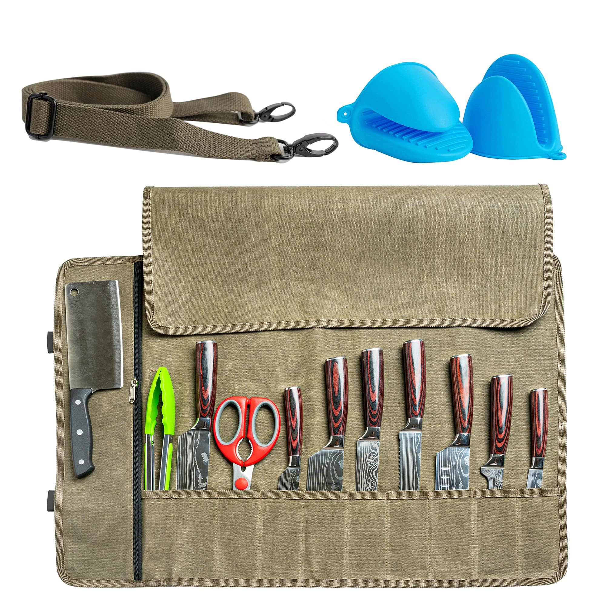 Professional Knife Roll Bag for Chefs - Army Green | Compact & Durable Knife Storage for Culinary School, Kitchen, Travel | Perfect for Chefs, Butchers & Cooking Enthusiasts