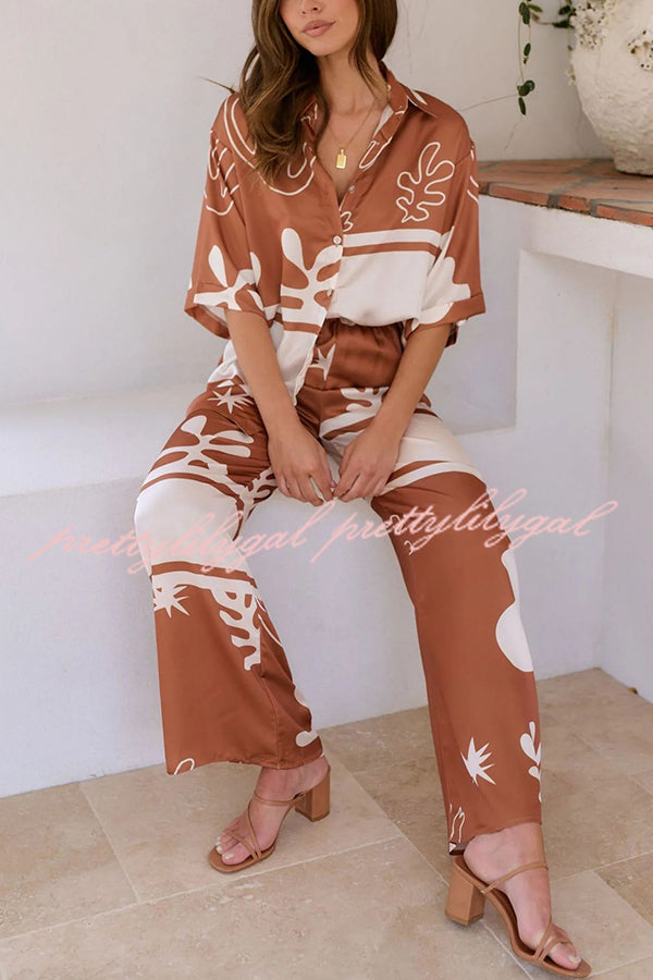 Stylish Color Block Print Button Up Shirt & Elastic Waist Pants Set for Women | Beach Outfit, Summer Vacation, Casual Wear