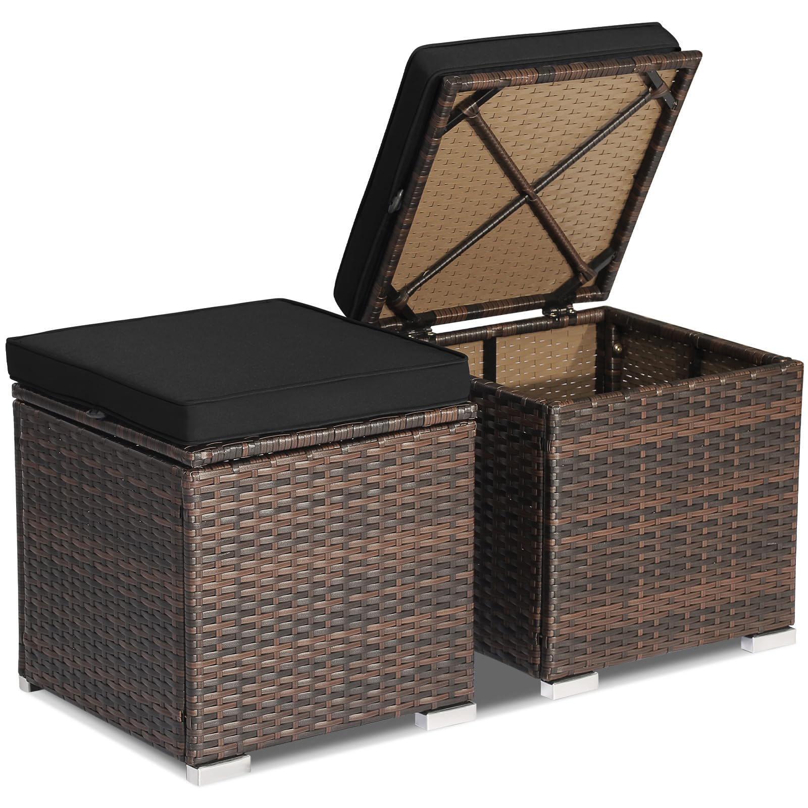 Tangkula 2-Piece PE Rattan Patio Ottoman Set with Removable Cushion & Hidden Storage - Multifunctional Side Table/Seat for Outdoor Living, Backyard, Poolside & Garden (Black) - Perfect for Relaxing, Entertaining & Stylish Storage Solutions