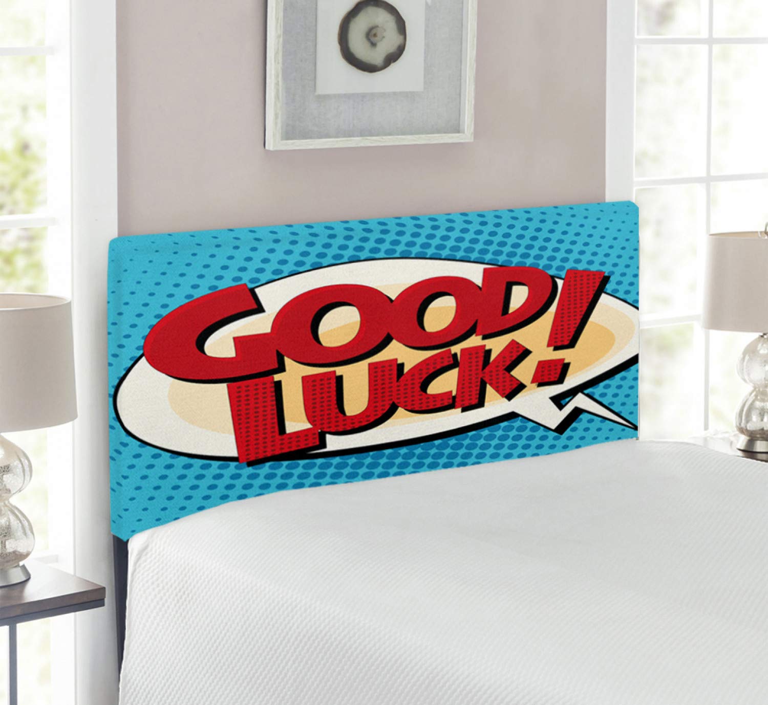 Ambesonne Comic Book Pop Art Style Retro Speech Balloon Twin Size Headboard - Upholstered Decorative Metal Bed Frame with Memory Foam in Pale Blue, Red & Yellow - Perfect for Teen Bedrooms, Dorm Rooms & Going Away Party Decorations