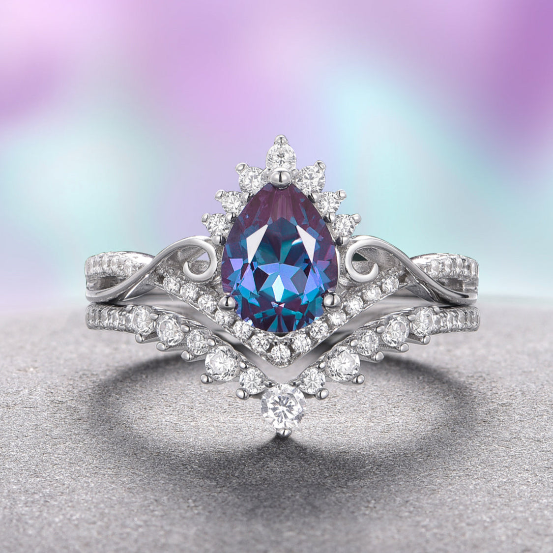 Faye Alexandrite Ring Set - Sterling Silver Two Piece Jewelry for Women, Gift for Her, Anniversary & Wedding Rings - Perfect for Engagement, Valentine's Day & Special Occasions