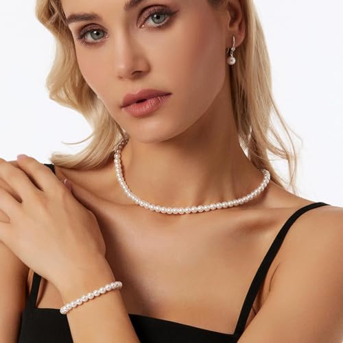 Pearl Necklace+Bracelet+Earrings-Silver