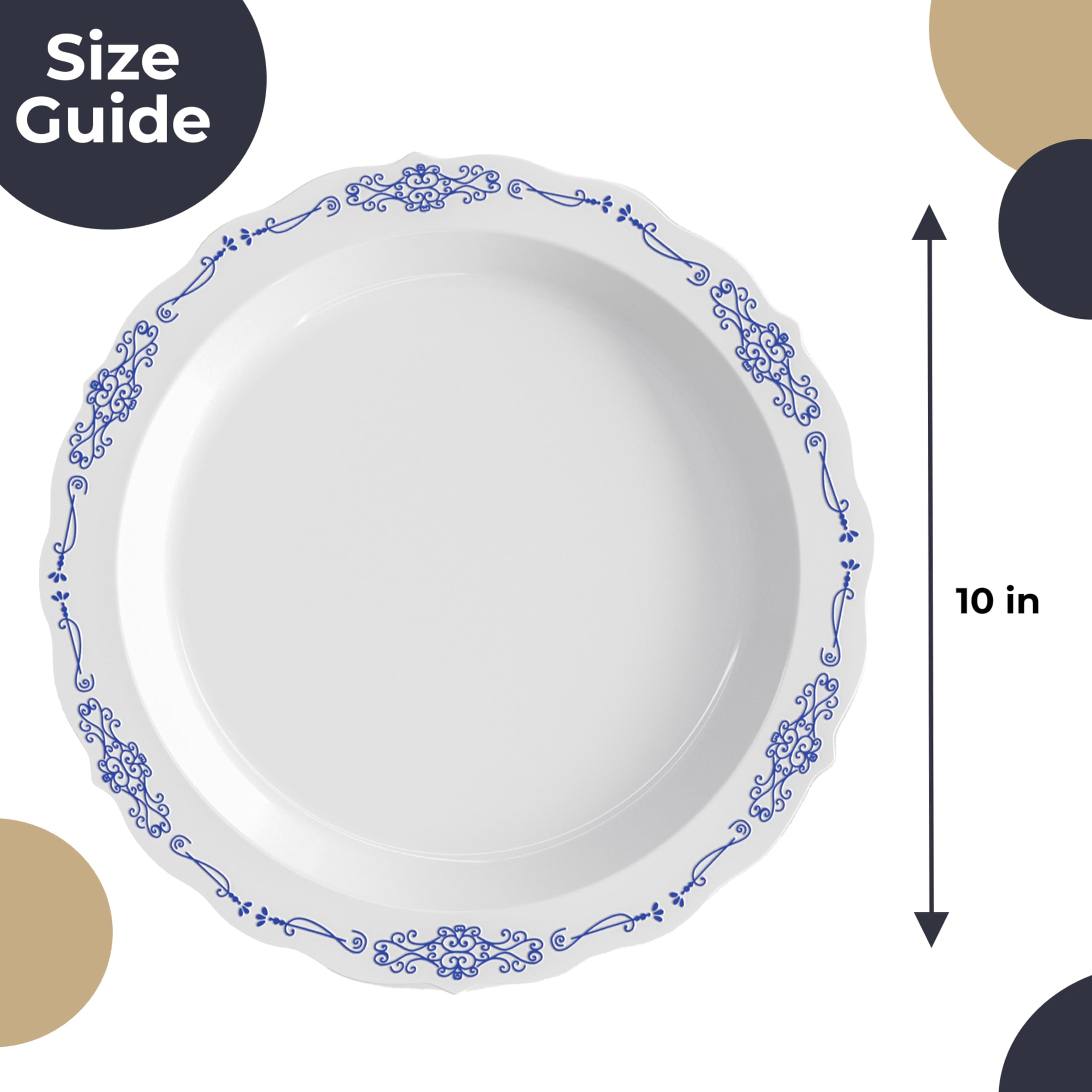 Victorian Style 60-Piece Heavy Duty Disposable Plastic Plates Set - 10 Inch White & Navy Dessert Plates for Parties, Weddings, and Events - Perfect for Serving 60 Guests