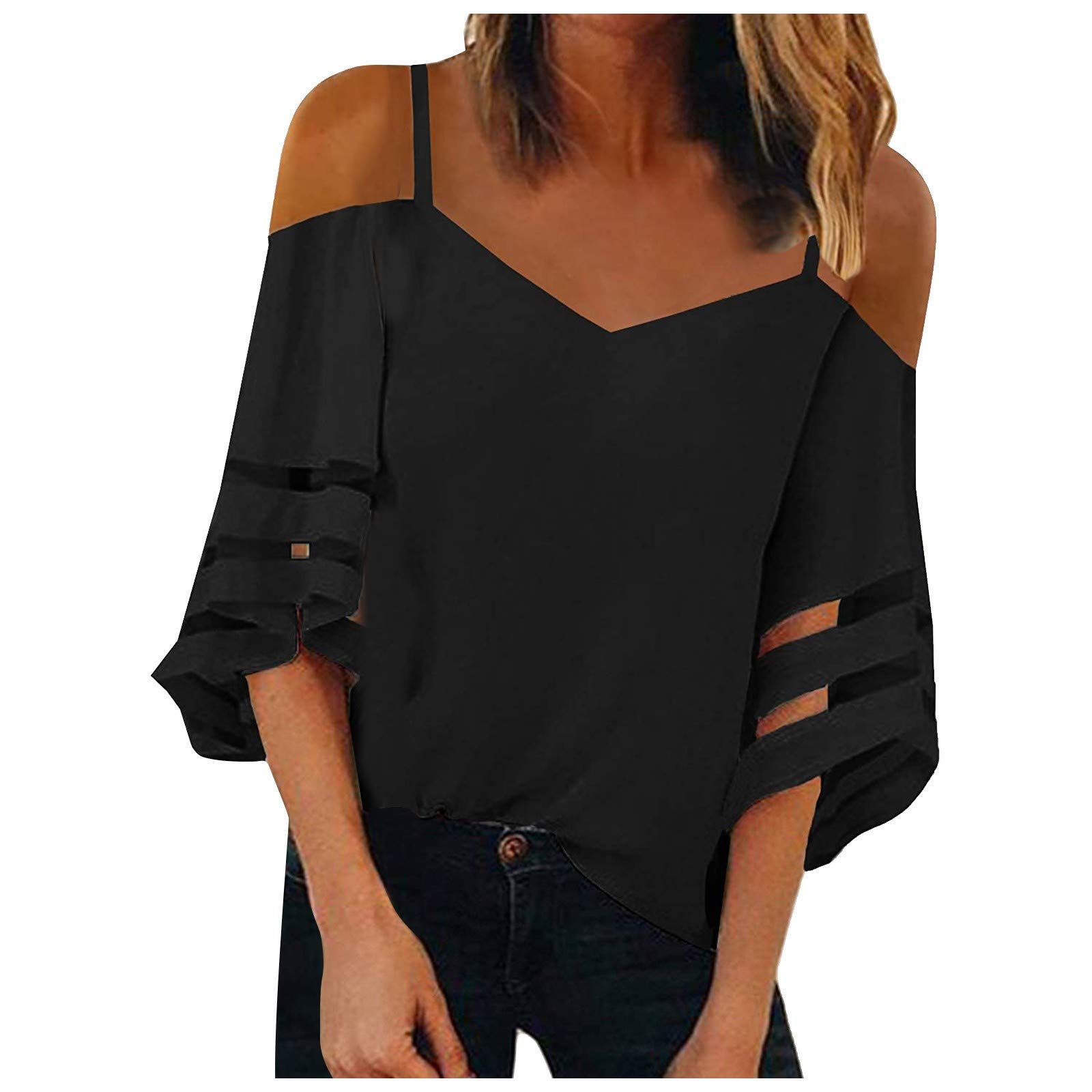 Women's V Neck T-Shirt Summer Casual Mesh Panel 3/4 Bell Sleeve Blouse - Loose Fit Tunic Top for Work, Date Night & Everyday Wear