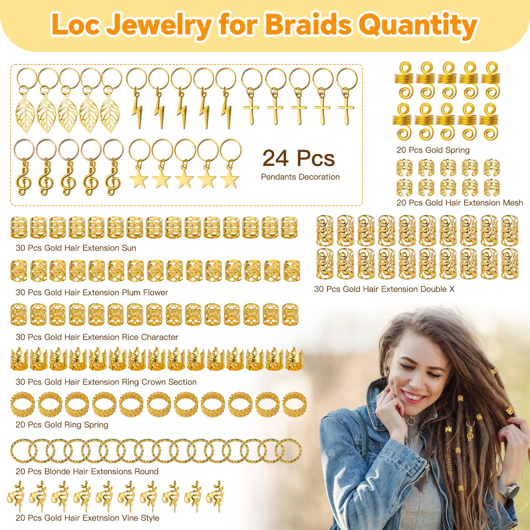 275 Pcs Gold Metal Hair Jewelry for Women - Braid Rings, Cuffs & Clips for Dreadlocks & Braids - Unisex Hair Accessories for Parties, Weddings & Everyday Style