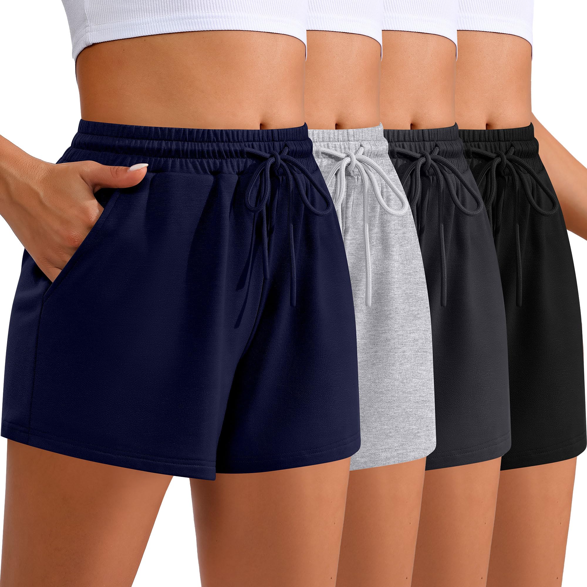 Neer 4 Pack Women's Sweat Shorts - High Waist Casual Lounge Shorts with Drawstring & Pockets | Comfy Athletic Summer Shorts for Yoga, Running & Home Wear