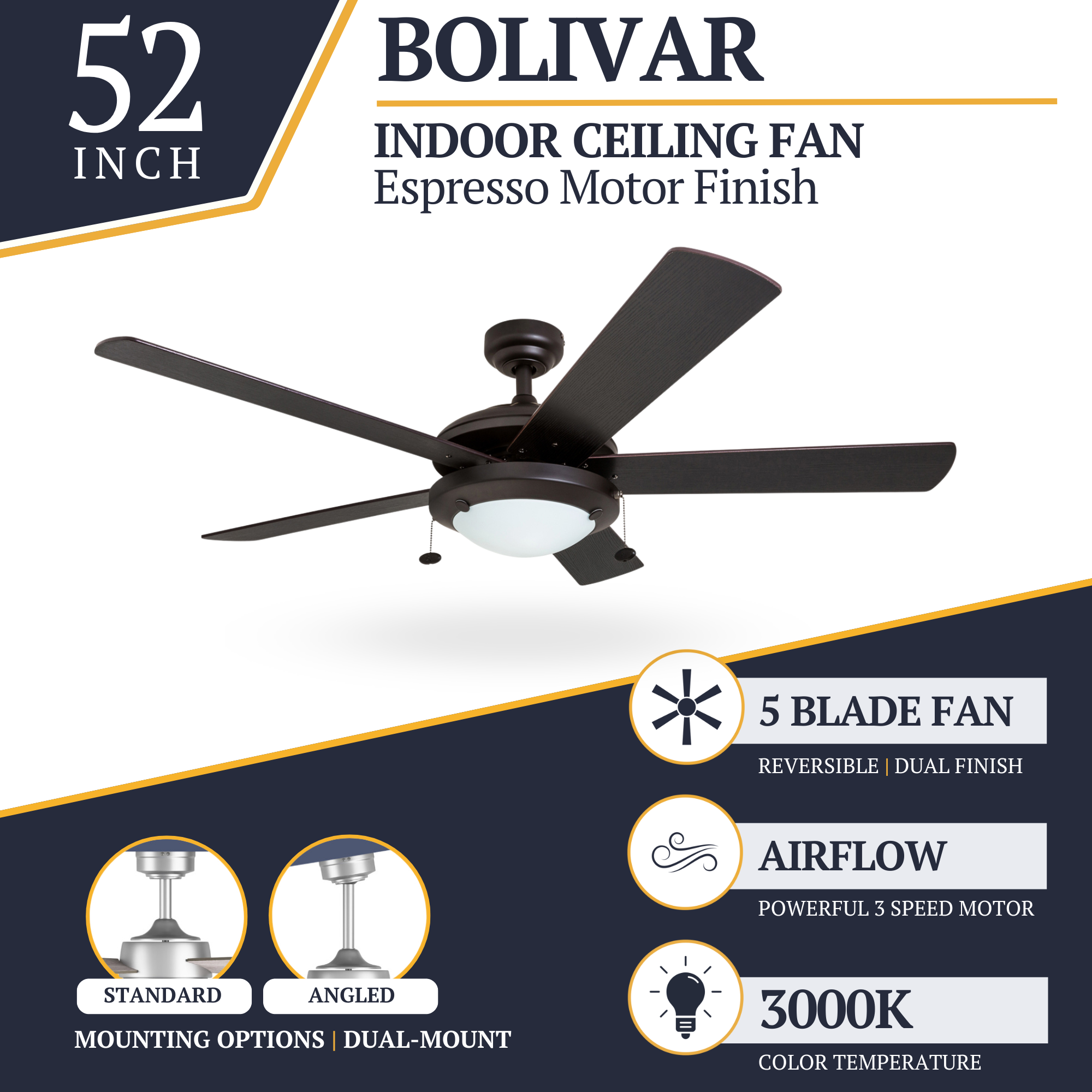 52 Inch Bolivar Espresso Ceiling Fan with Pull Chain - Modern Indoor Ceiling Fan for Living Room, Bedroom, and Office - Energy Efficient & Quiet Operation