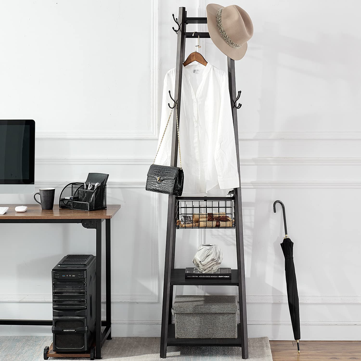VECELO Heavy Duty Industrial Coat Rack with 2-Tier Storage Shelves & Metal Basket - 8 Dual Hooks Entryway Hall Tree for Jackets, Hats & Bags - Perfect for Mudroom, Entryway & Commercial Spaces (Black)