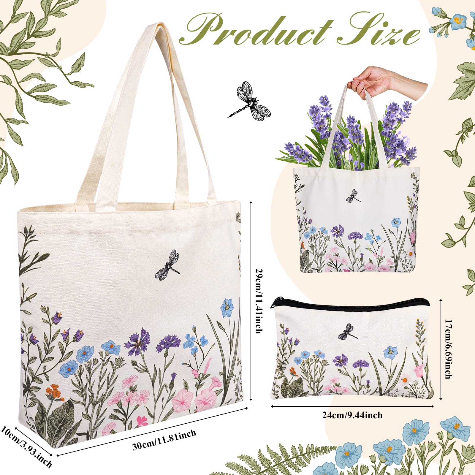 VAIPI Reusable Canvas Tote Bag for Women - Eco-Friendly Grocery Shopping Bag with Matching Makeup Pouch (Floral Print) - Perfect for Farmers Market, Beach Trips & Daily Errands