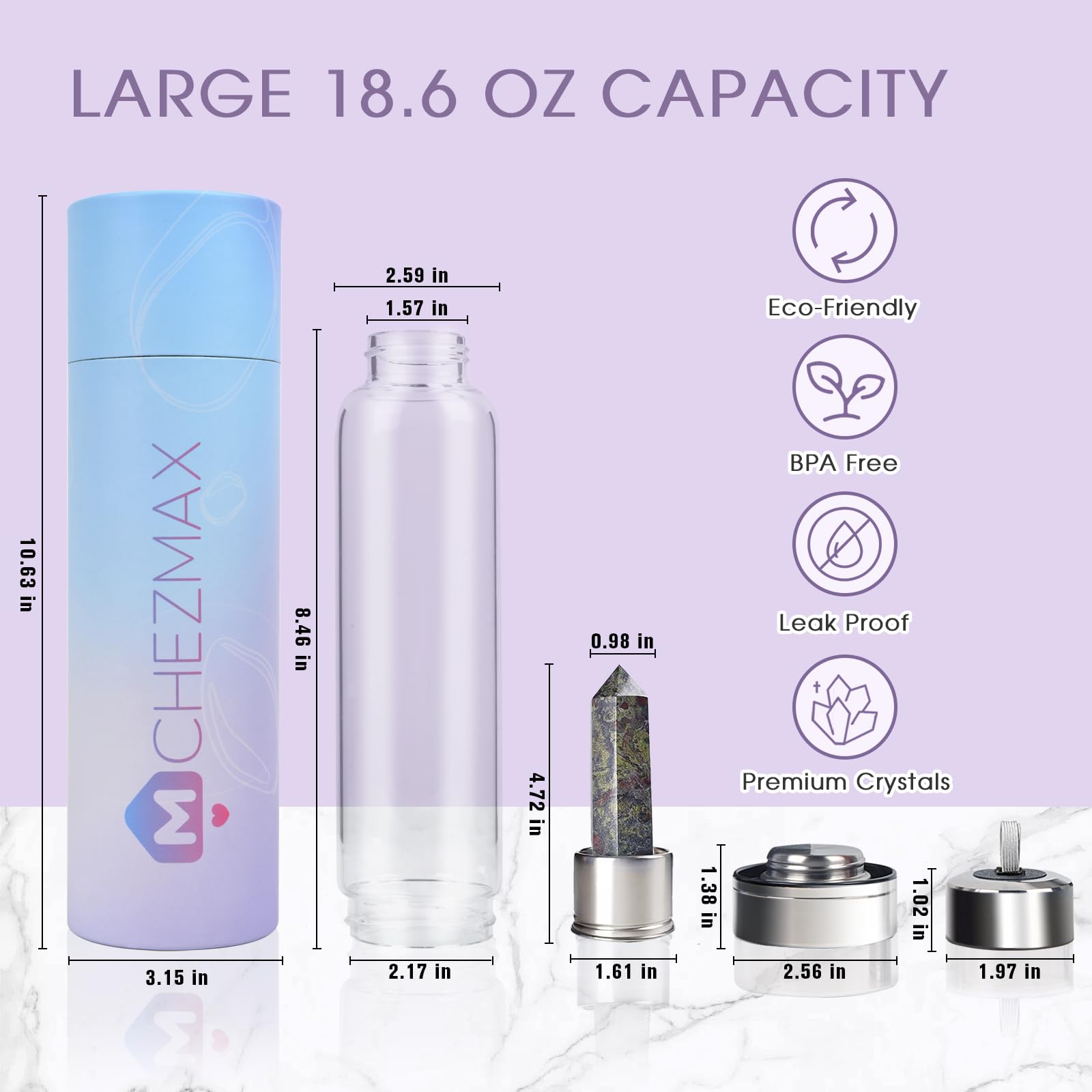 ChezMax Crystal Glass Water Bottle with Removable Natural Crystal Center - BPA Free Reusable Water Bottle with Quartz Gemstone for Home, Office, Yoga & Meditation Hydration
