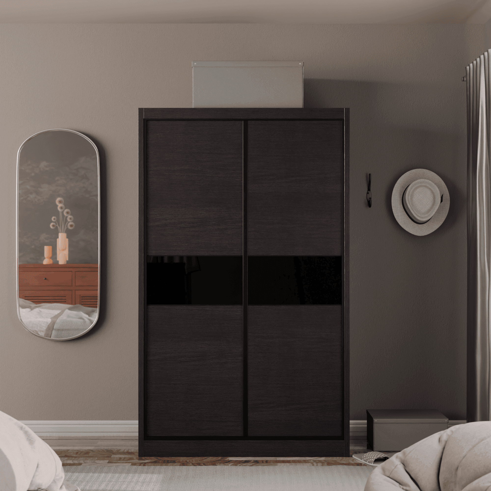 Helene Modular Wardrobe with Black Glass Doors - Customizable Closet Storage System for Bedroom, Walk-in Closet & Office Organization