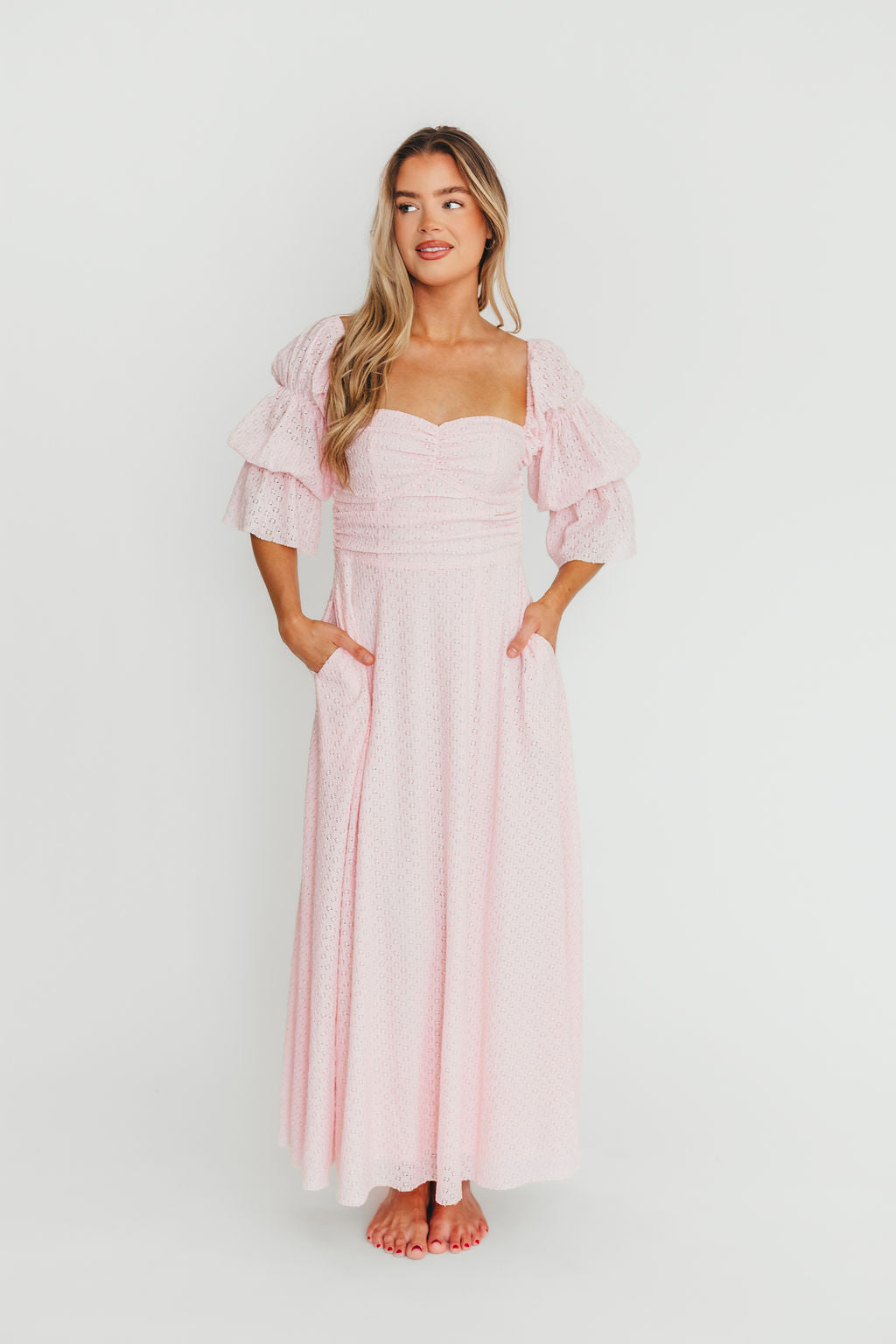 Corrine Tiered Sleeve Maxi Dress with Pockets - Bump Friendly Maternity Dress in Baby Pink | Perfect for Baby Showers, Beach Vacations & Summer Weddings