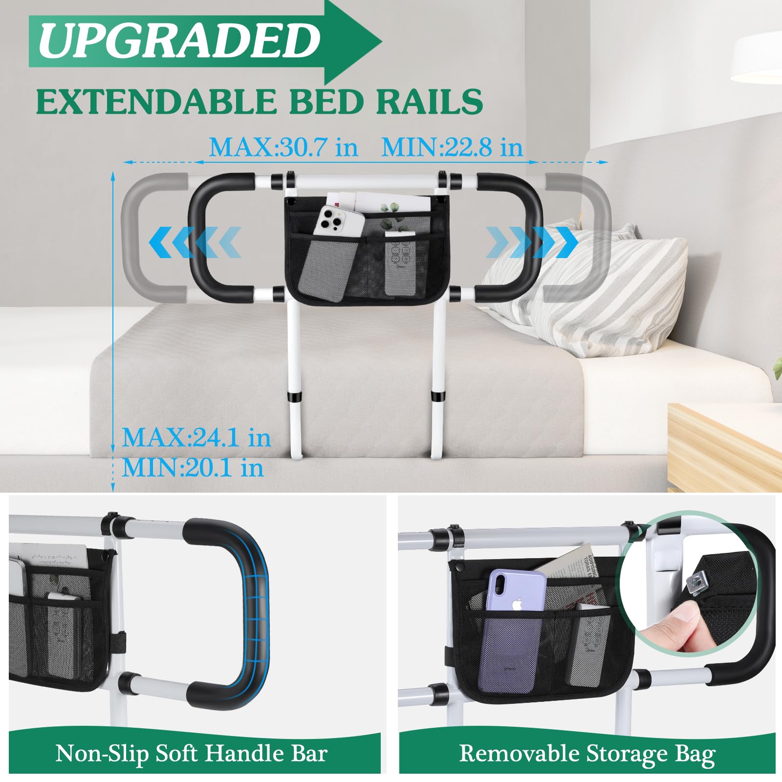 Elderly Bed Safety Rails - Adjustable Bed Assist Handles for Seniors with Storage Bag & Fixing Straps - Fits King, Queen, Full & Twin Beds - Ideal for Fall Prevention & Home Care Assistance
