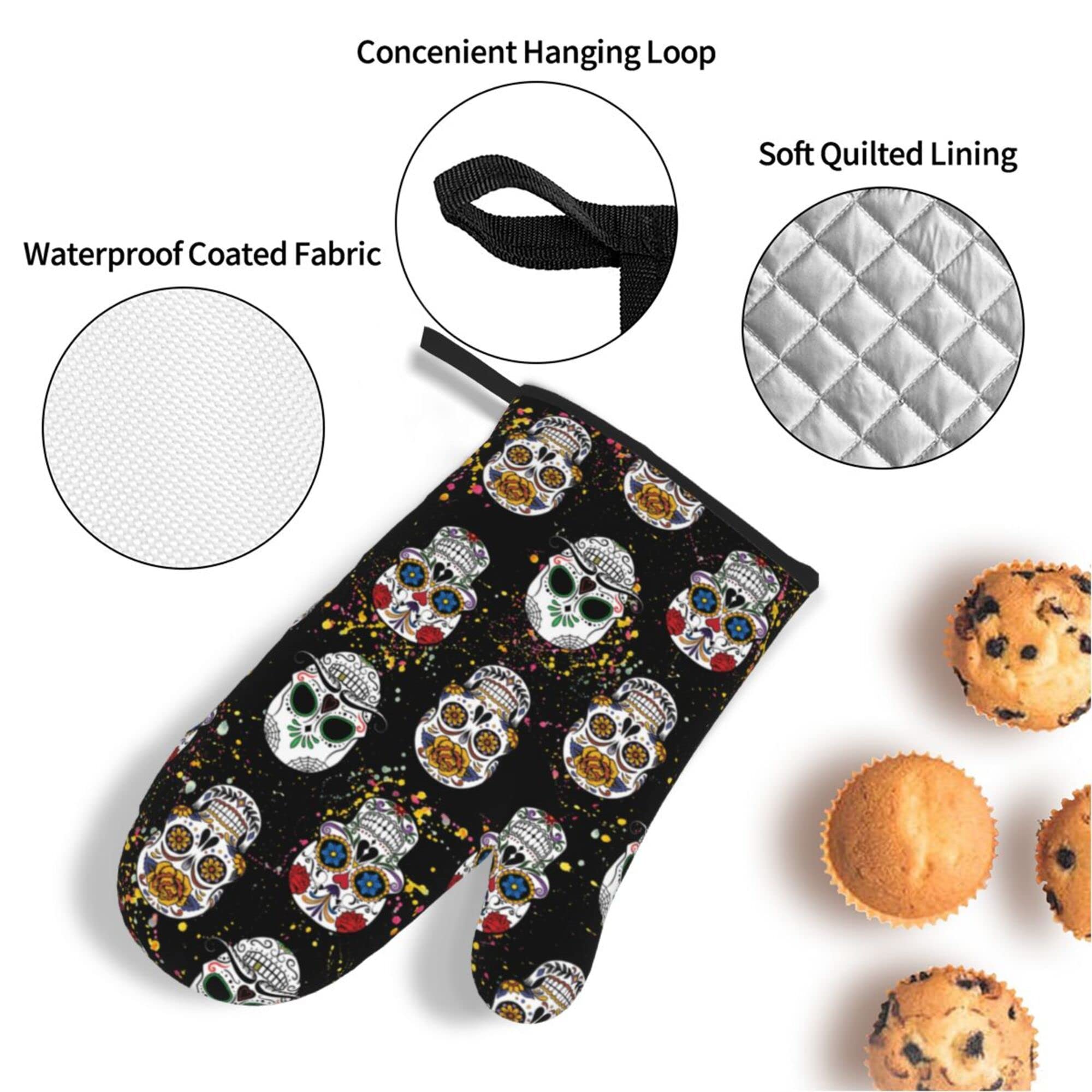Day of The Dead Sugar Skull 4-Piece Oven Mitts and Pot Holders Set - Soft Quilted Cotton Lining for Cooking, Baking & Grilling - Durable Kitchen Utensils - Perfect for Halloween, Mexican Decor & Themed Parties