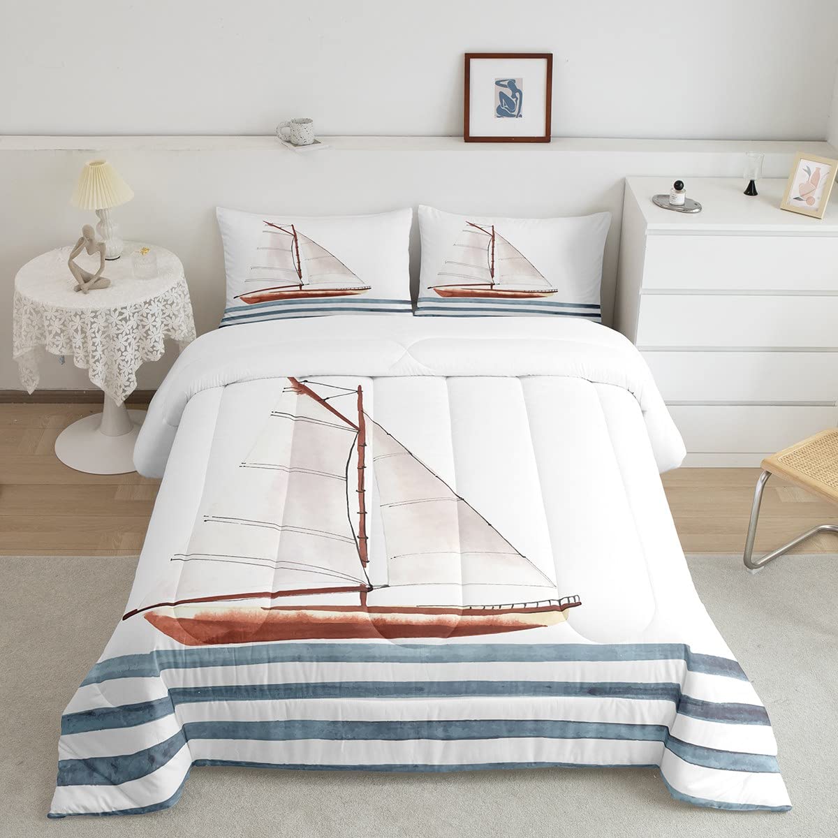 Feelyou Sailboat Printed Bedding Set - Nautical Themed 3-Piece Queen Size Comforter Set for Kids & Teens | Ocean Adventure Decor for Boys & Girls Bedrooms | Perfect for Coastal, Beach House or Marine Themed Rooms