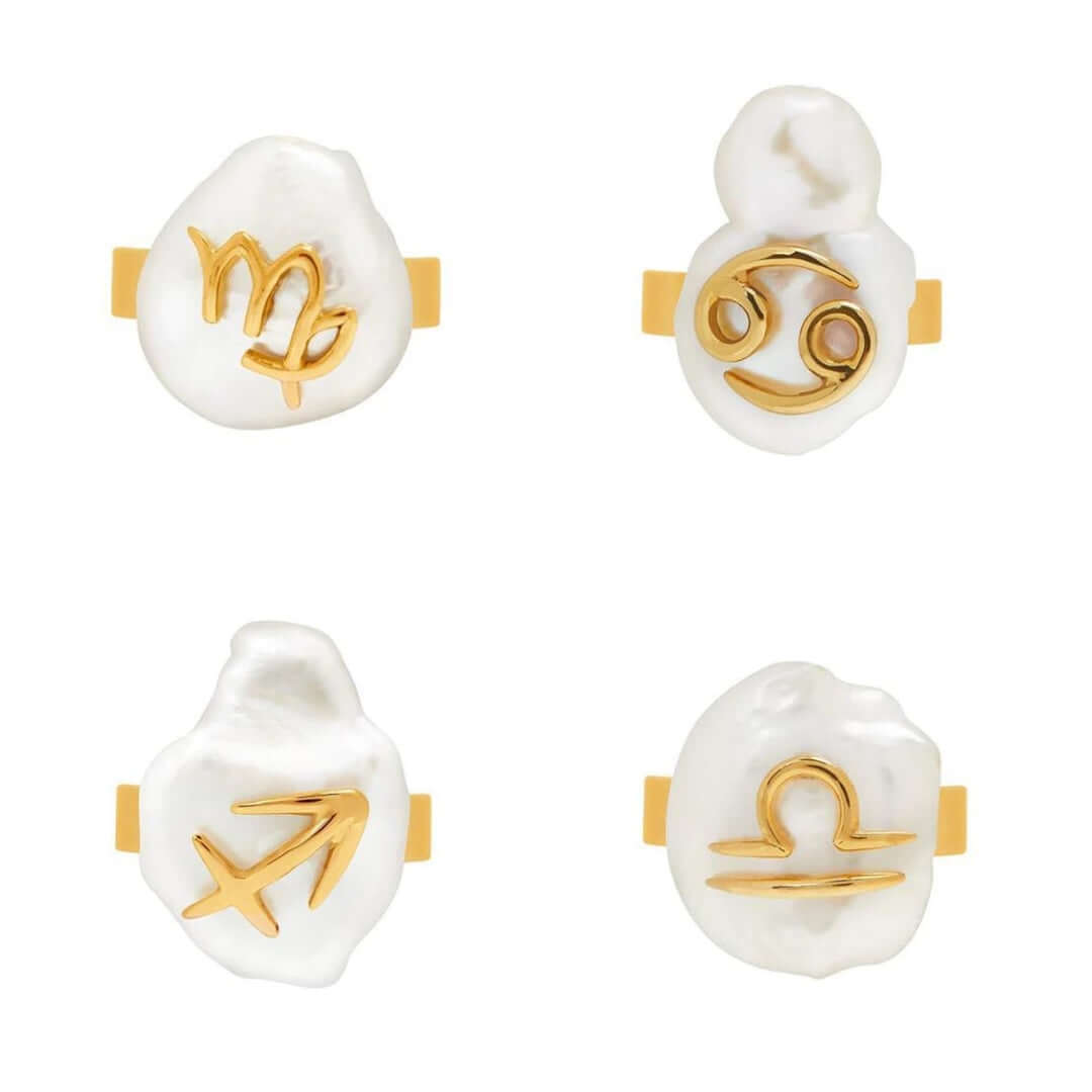 14K Gold Zodiac Sign Pearl Stacking Ring - Aries, Taurus, Gemini, Cancer, Leo, Virgo, Libra, Scorpio, Sagittarius, Capricorn, Aquarius, Pisces | Elegant Dainty Jewelry for Women | Perfect for Birthday Gifts, Anniversary, Valentine's Day & Everyday Wear (MQ801)