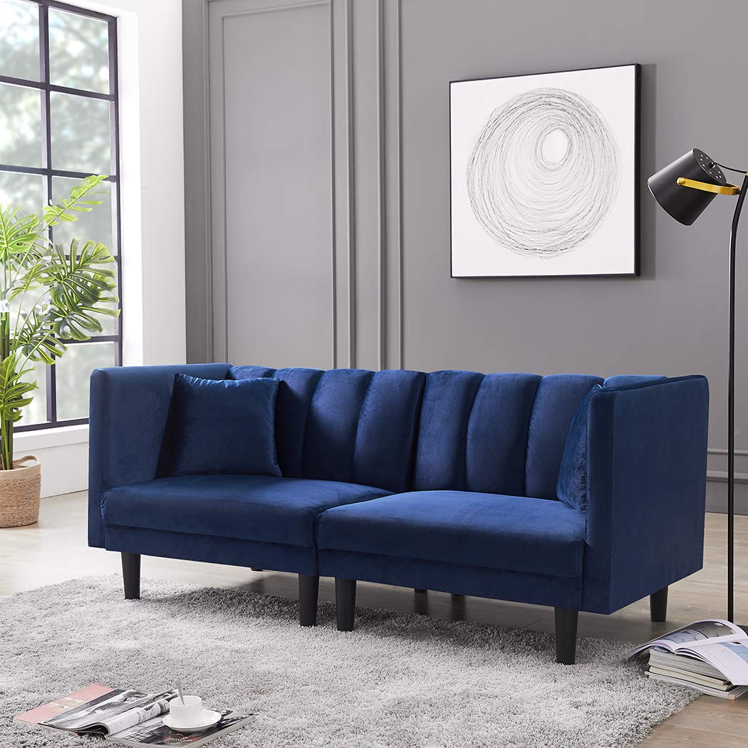 SLEERWAY Velvet Futon Sofa Bed - Modern Convertible Sleeper Sofa with 3 Adjustable Angles & 2 Pillows - Navy Blue Small Loveseat for Living Room, Guest Room & Small Spaces