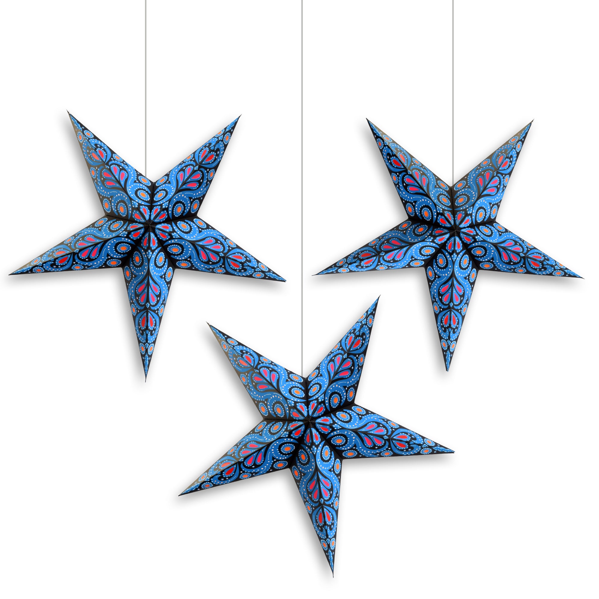 3 Pack 24 Inch Blue Astral Bloom Paper Star Lanterns with Triple Pendant Lights - Hanging Decor for Bedroom, Party, Wedding & Outdoor Events