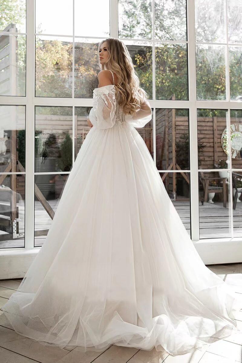 SoDigne 2024 Lace Applique Long Sleeve Tulle Wedding Dress - Elegant A-Line Bridal Gown for Summer Weddings, Beach Ceremonies & Outdoor Receptions