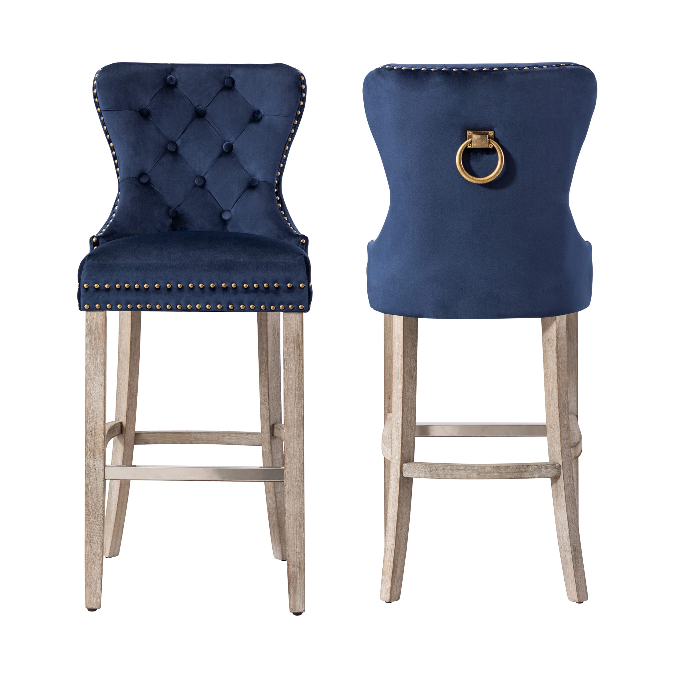 2-Piece Navy Blue Velvet Tufted Wingback Bar Stools with Nailhead Trim & Antique Gray Solid Wood Legs - 29