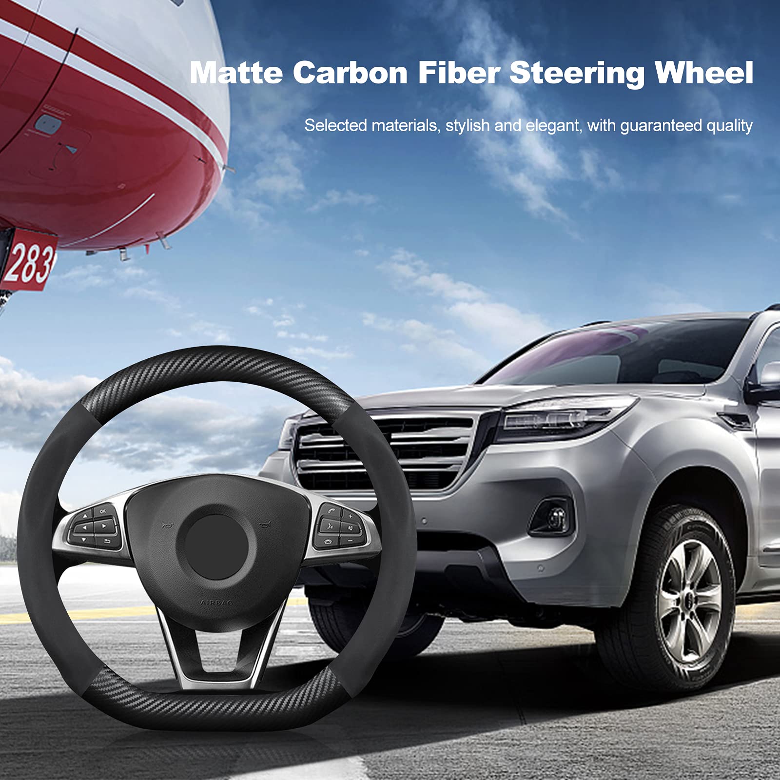 Premium D-Shaped Carbon Fiber & PU Leather Steering Wheel Cover - Anti-Slip, Breathable & Sweat Absorbent - Fits 15