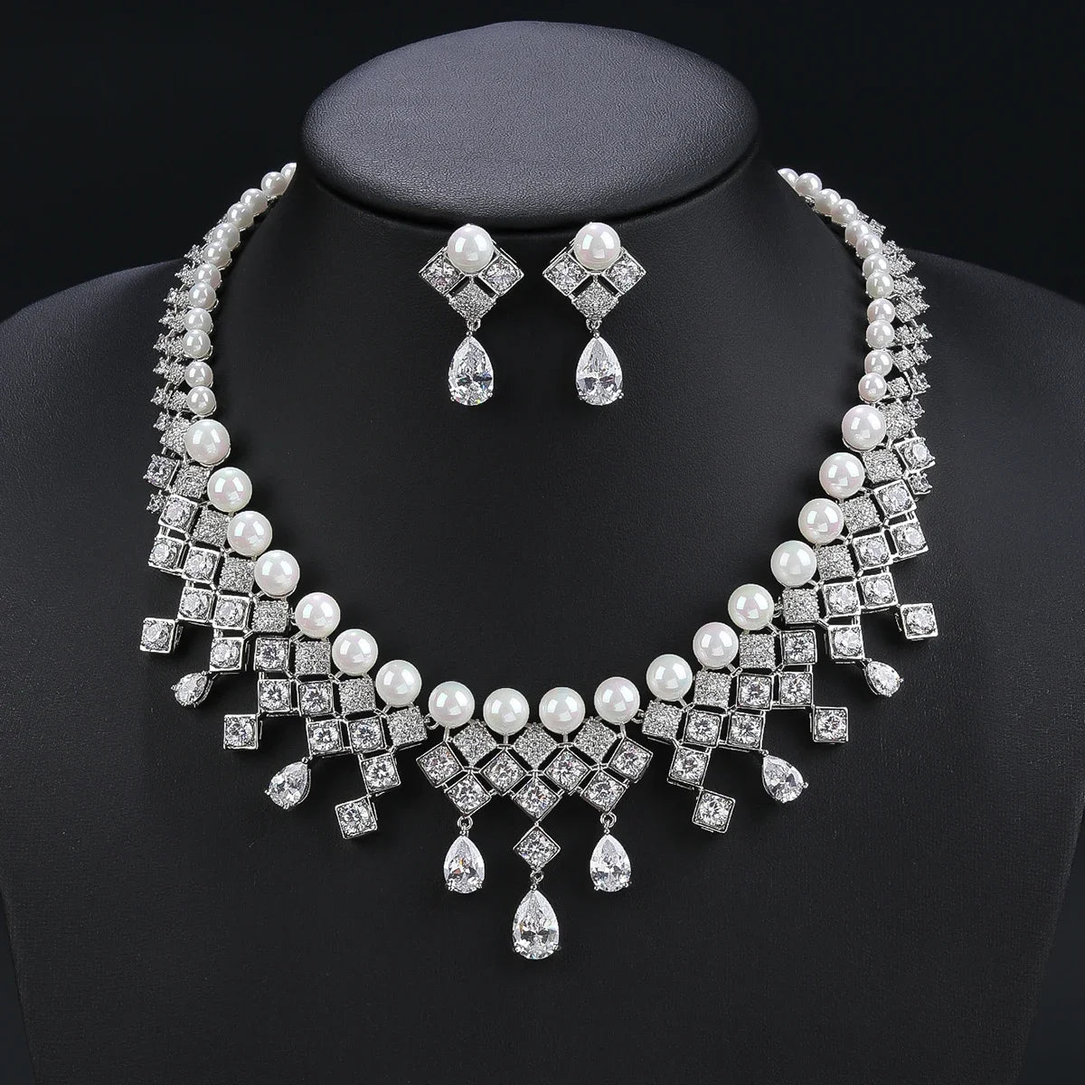 Luxury 2Pcs Pearl & Cubic Zirconia Necklace Earrings Set for Women - White, Red, Blue Jewelry for Wedding, Party & Special Occasions | Elegant Bridal & Evening Wear Accessories