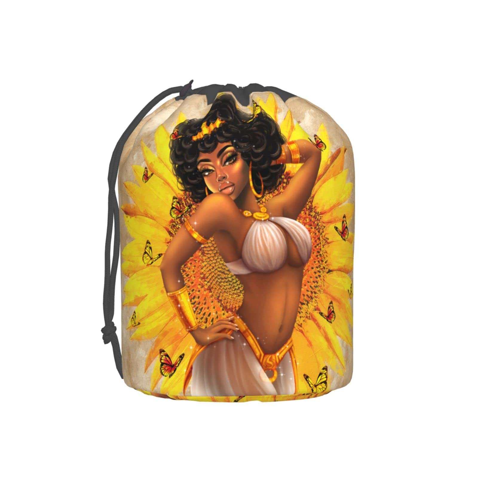 African American Black Art Travel Cosmetic Bag - Waterproof Drawstring Makeup Pouch, Foldable Round Toiletry Organizer for Women | Perfect for Travel, Gym, Beach & Daily Storage