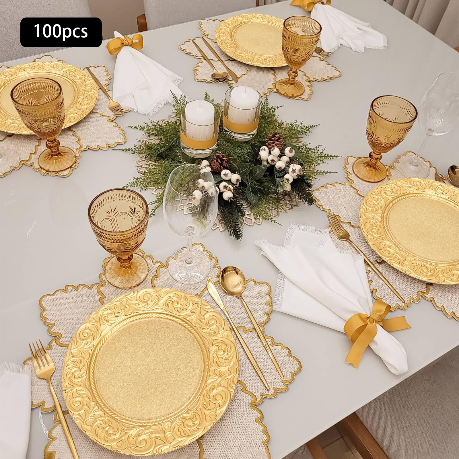 100-Pack 13-Inch Gold Plastic Charger Plates - Elegant Round Dinner Plates for Wedding, Party & Table Decor - Dishwasher Safe & Durable - Perfect for Formal Dinners, Banquets & Special Events