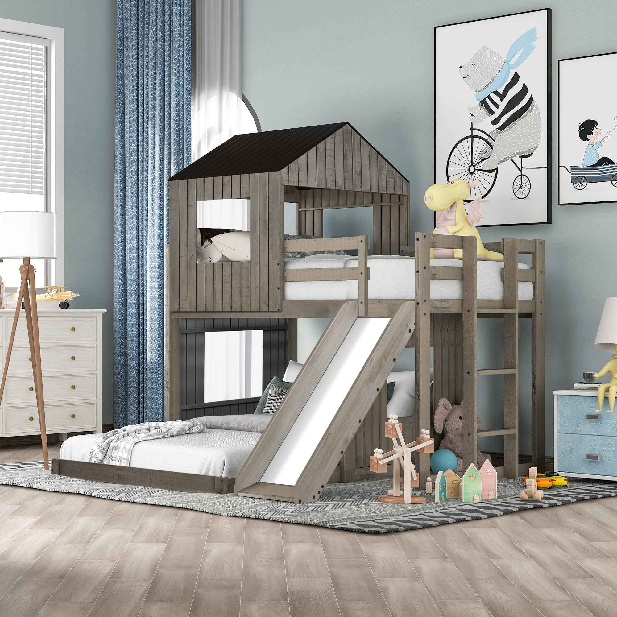Twin Over Full Bunk Bed with Slide - Sturdy Full Size Bottom Platform Bed Frame in Antique Gray - Perfect for Kids' Bedrooms, Guest Rooms & Small Spaces