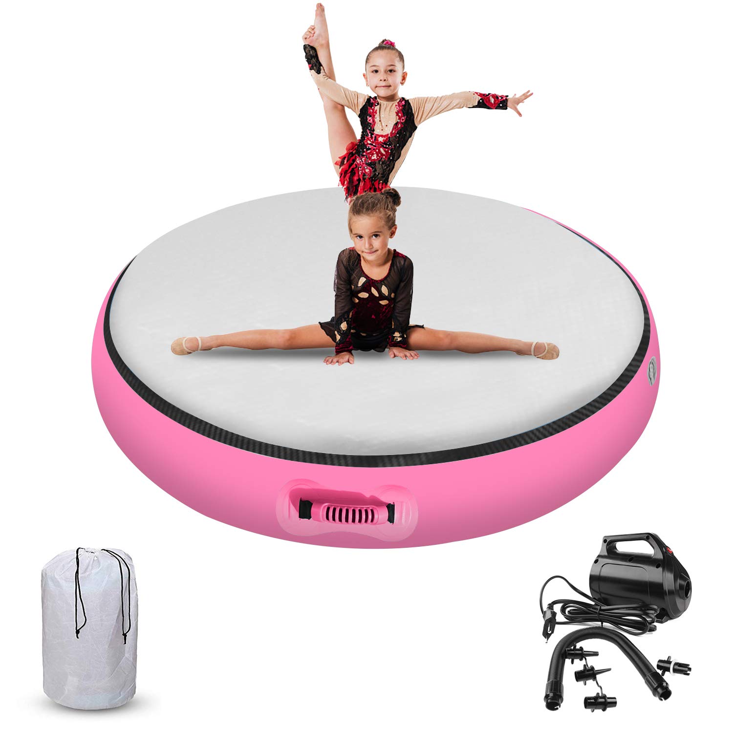 FBSPORT Round Inflatable Air Gymnastics Mat - 4/8 Inch Thick Training Mat for Home Gym, Cheerleading, Yoga & Water Exercises - Includes Air Pump - Perfect for Fitness, Gymnastics Practice & Kids Play