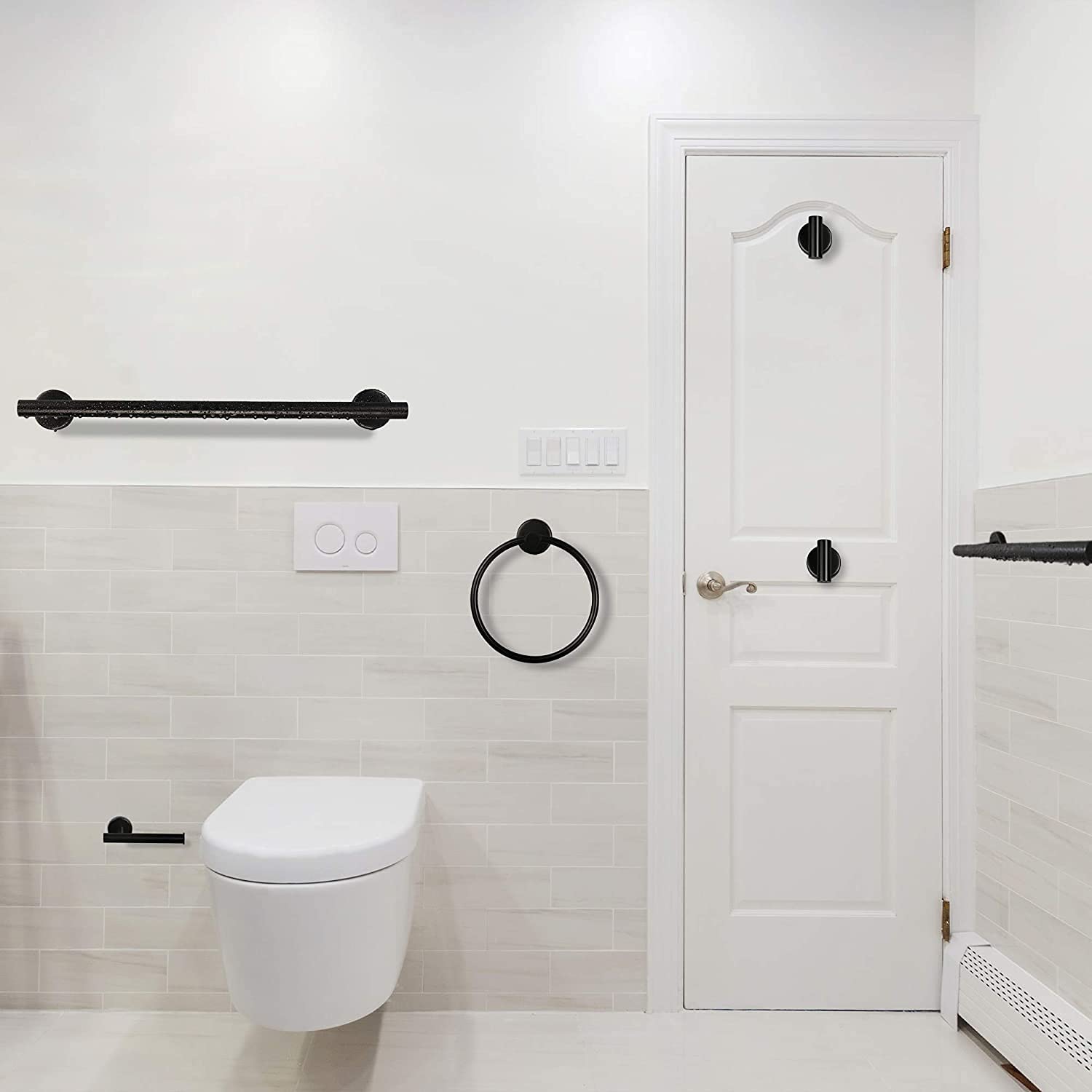 6-Piece Stainless Steel Bathroom Towel Rack Set - Wall Mounted Towel Bar, Towel Ring, Toilet Paper Holder & Robe Hook in Black - Perfect for Modern Bathrooms, Showers & Powder Rooms